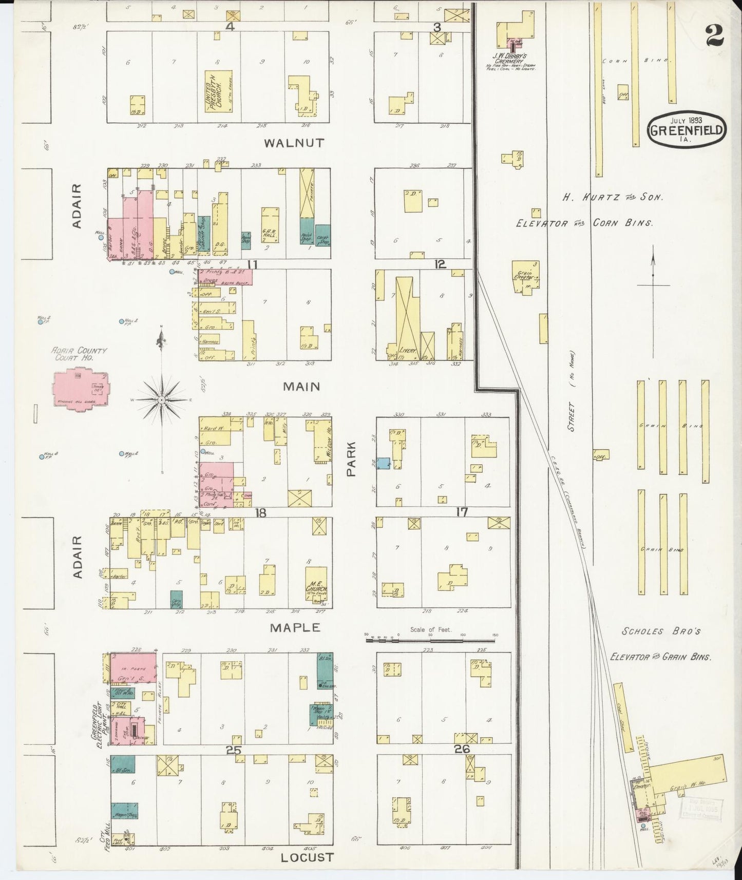 Sanborn Fire Insurance Map from Greenfield, Adair County, Iowa (1893), Sheet #0002 - Historic Sanborn Fire Insurance Map Print, vintage old map wall art