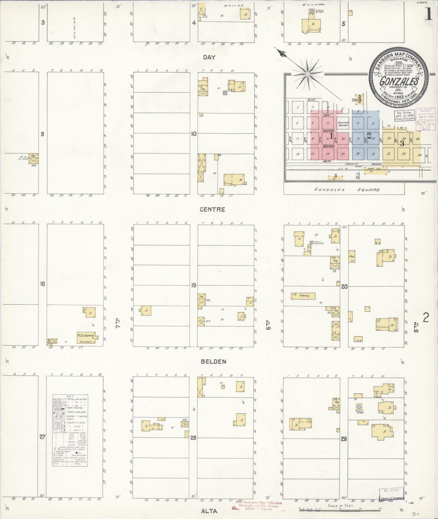 Sanborn Fire Insurance Map from Gonzales, Monterey County, California (1903), Sheet #0001 - Historic Sanborn Fire Insurance Map Print, vintage old map wall art, antique decor, genealogy gift, California California map