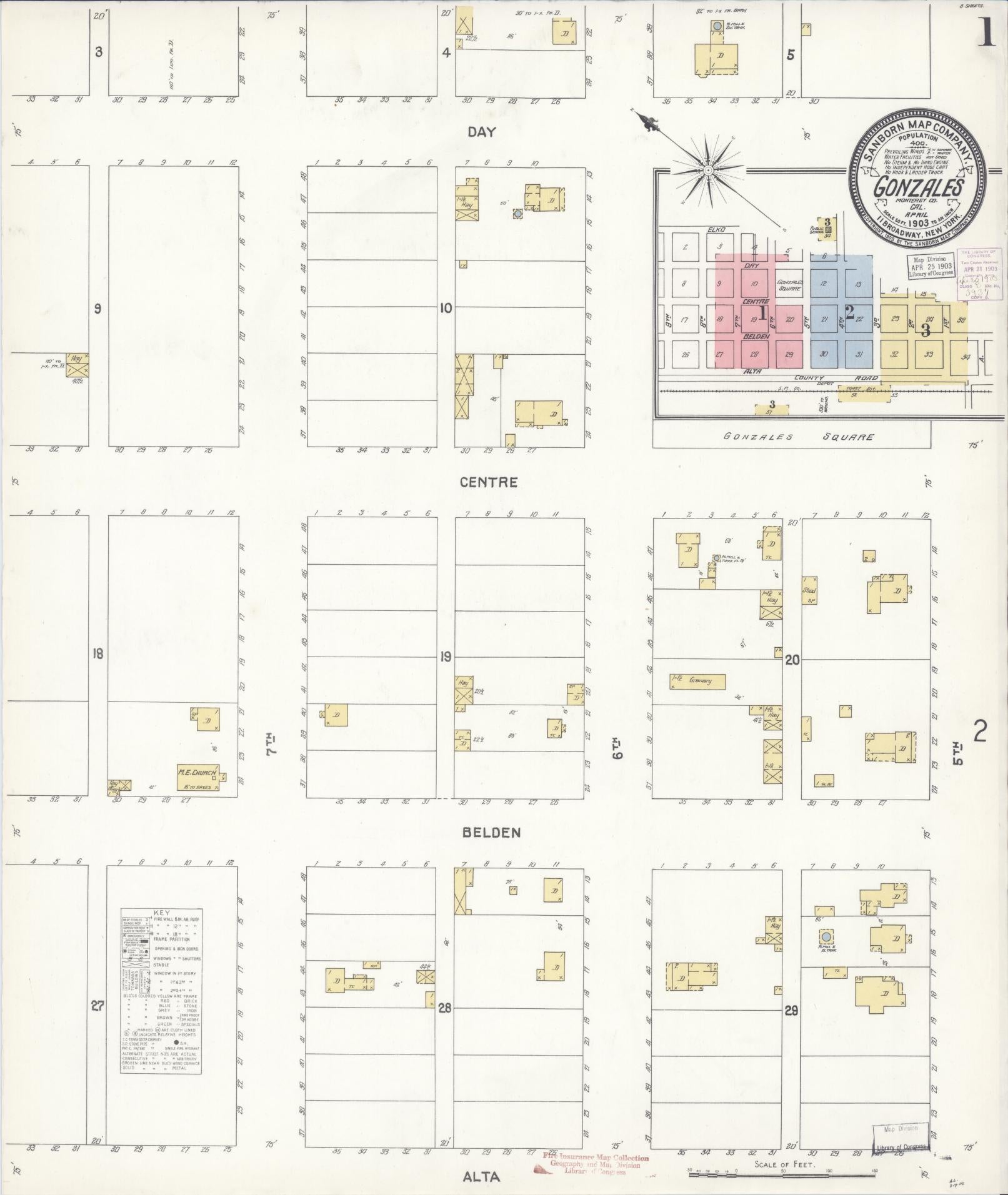 Sanborn Fire Insurance Map from Gonzales, Monterey County, California (1903), Sheet #0001 - Historic Sanborn Fire Insurance Map Print, vintage old map wall art, antique decor, genealogy gift, California California map