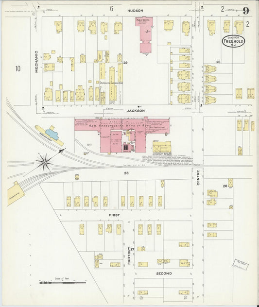 Sanborn Fire Insurance Map from Freehold, Monmouth County, New Jersey (1909), Sheet #0009 - Historic Sanborn Fire Insurance Map Print, vintage old map wall art, antique decor, genealogy gift, New Jersey New Jersey map