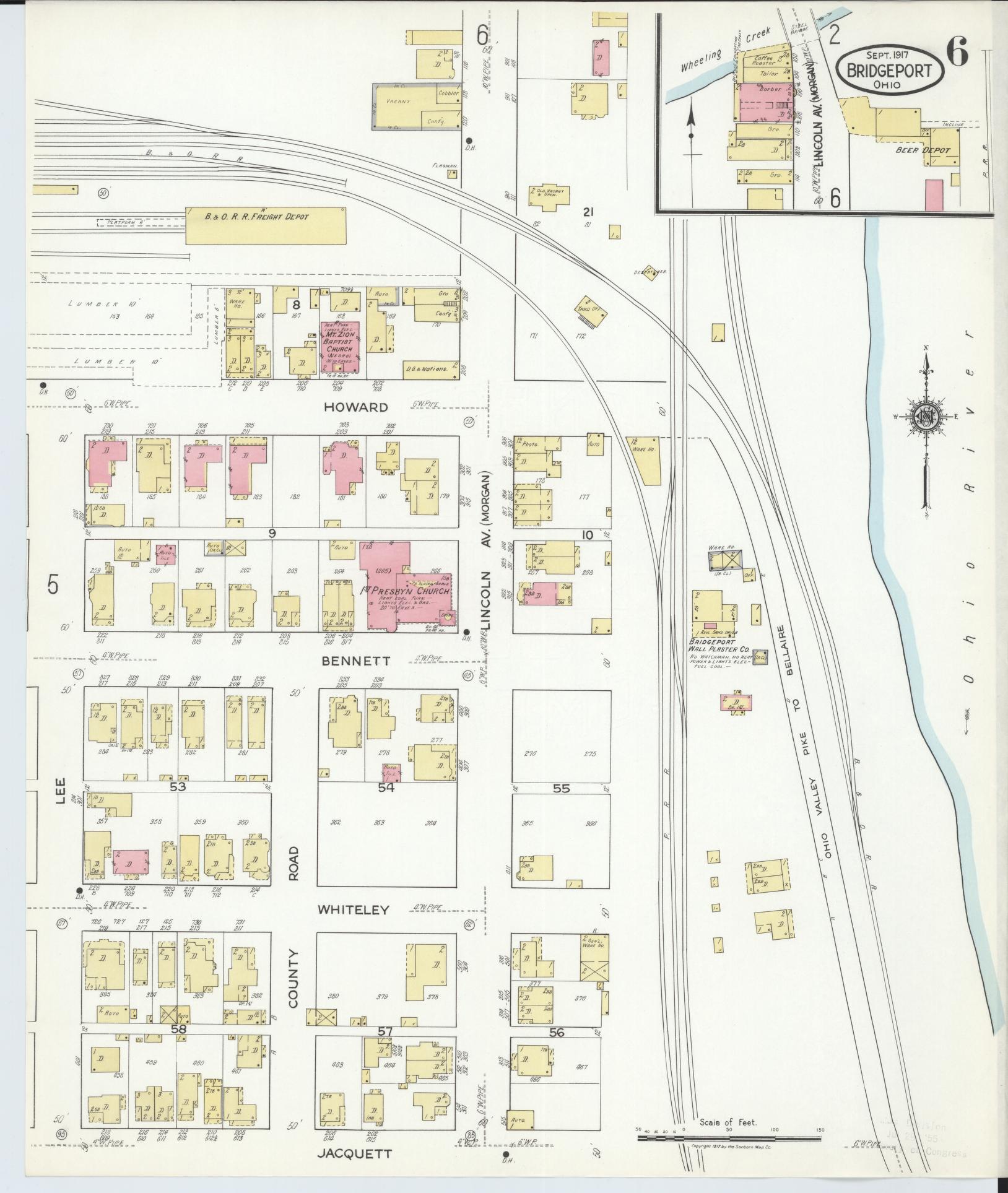 Sanborn Fire Insurance Map from Bridgeport, Belmont County, Ohio (1917), Sheet #0006 - Historic Sanborn Fire Insurance Map Print, vintage old map wall art, antique decor, genealogy gift, Ohio Ohio map