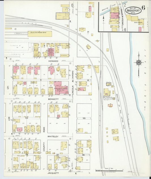 Sanborn Fire Insurance Map from Bridgeport, Belmont County, Ohio (1917), Sheet #0006 - Historic Sanborn Fire Insurance Map Print, vintage old map wall art, antique decor, genealogy gift, Ohio Ohio map