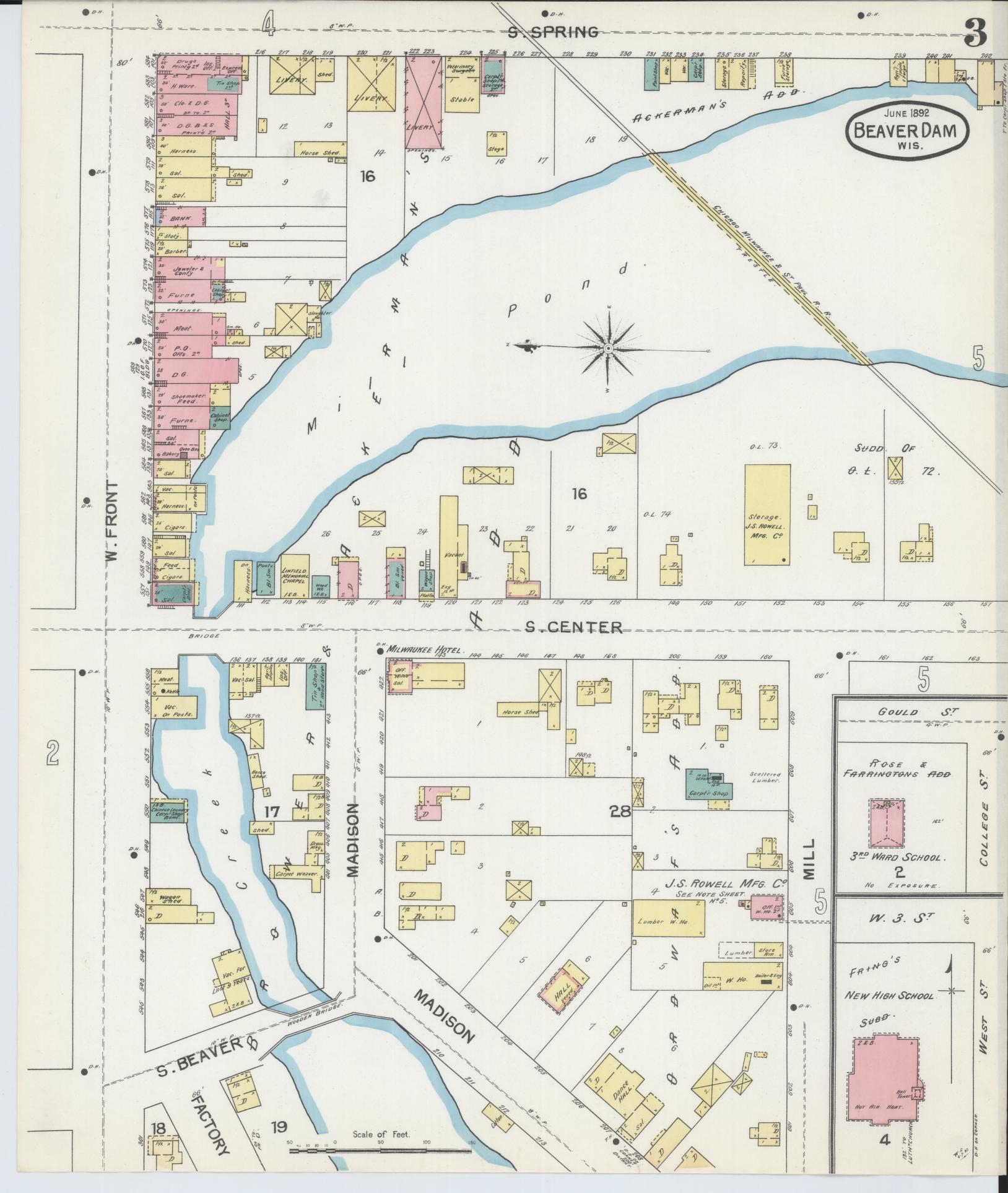 Sanborn Fire Insurance Map from Beaver Dam, Dodge County, Wisconsin (1892), Sheet #0003 - Historic Sanborn Fire Insurance Map Print, vintage old map wall art, antique decor, genealogy gift, Wisconsin Wisconsin map
