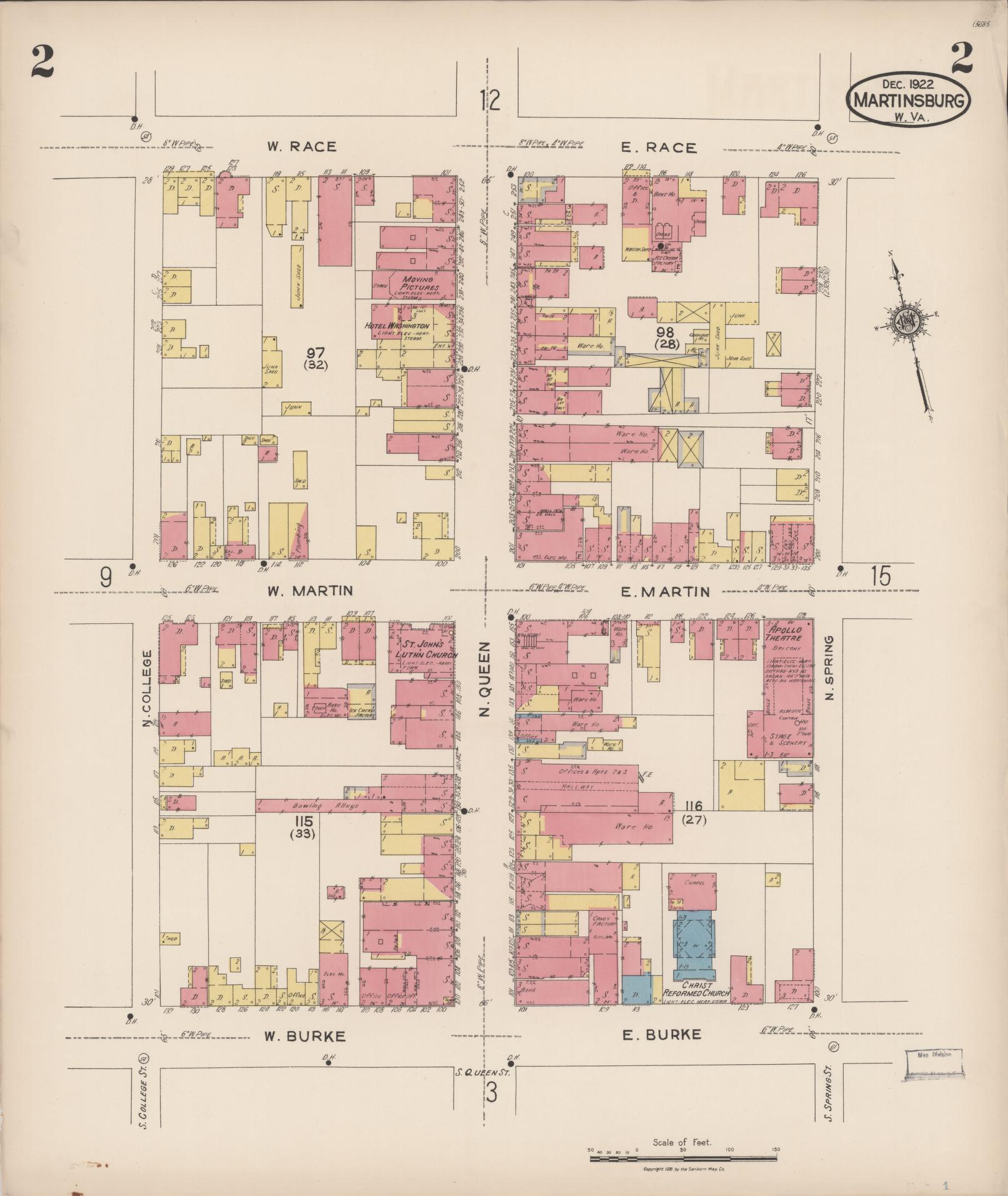 Sanborn Fire Insurance Map from Martinsburg, Berkeley County, West Virginia (1922), Sheet #0002 - Complete Map Set gallery image, historic Sanborn map, vintage wall art, West Virginia West Virginia