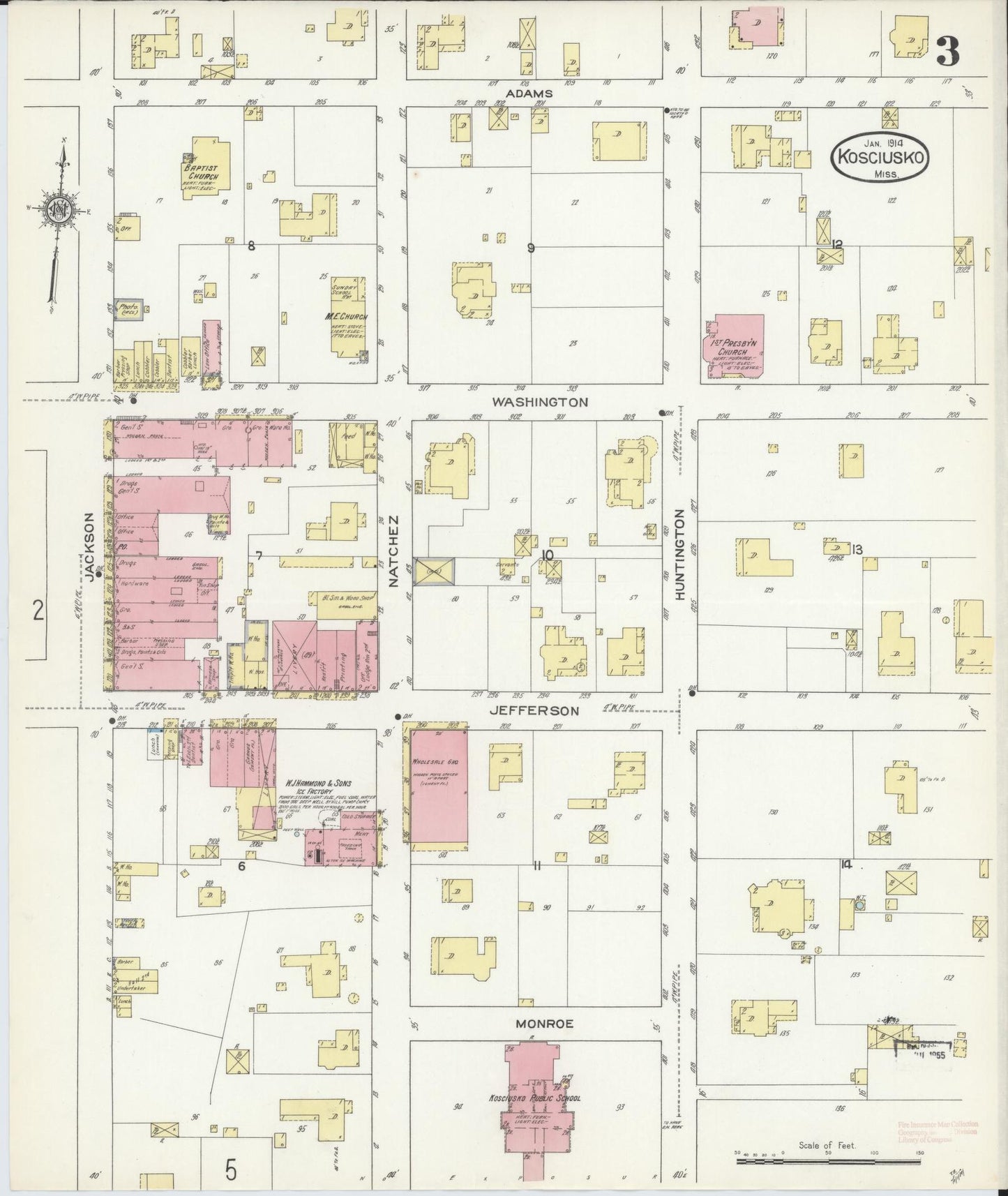 Sanborn Fire Insurance Map from Kosciusko, Attala County, Mississippi (1914), Sheet #0003 - Historic Sanborn Fire Insurance Map Print, vintage old map wall art, antique decor, genealogy gift, Mississippi Mississippi map