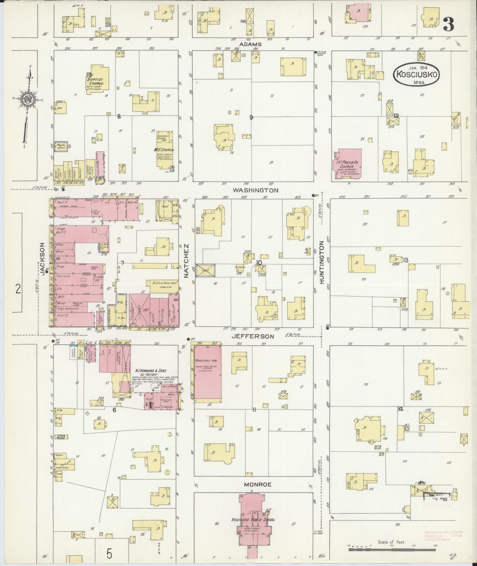 Sanborn Fire Insurance Map from Kosciusko, Attala County, Mississippi (1914), Sheet #0003 - Historic Sanborn Fire Insurance Map Print, vintage old map wall art, antique decor, genealogy gift, Mississippi Mississippi map