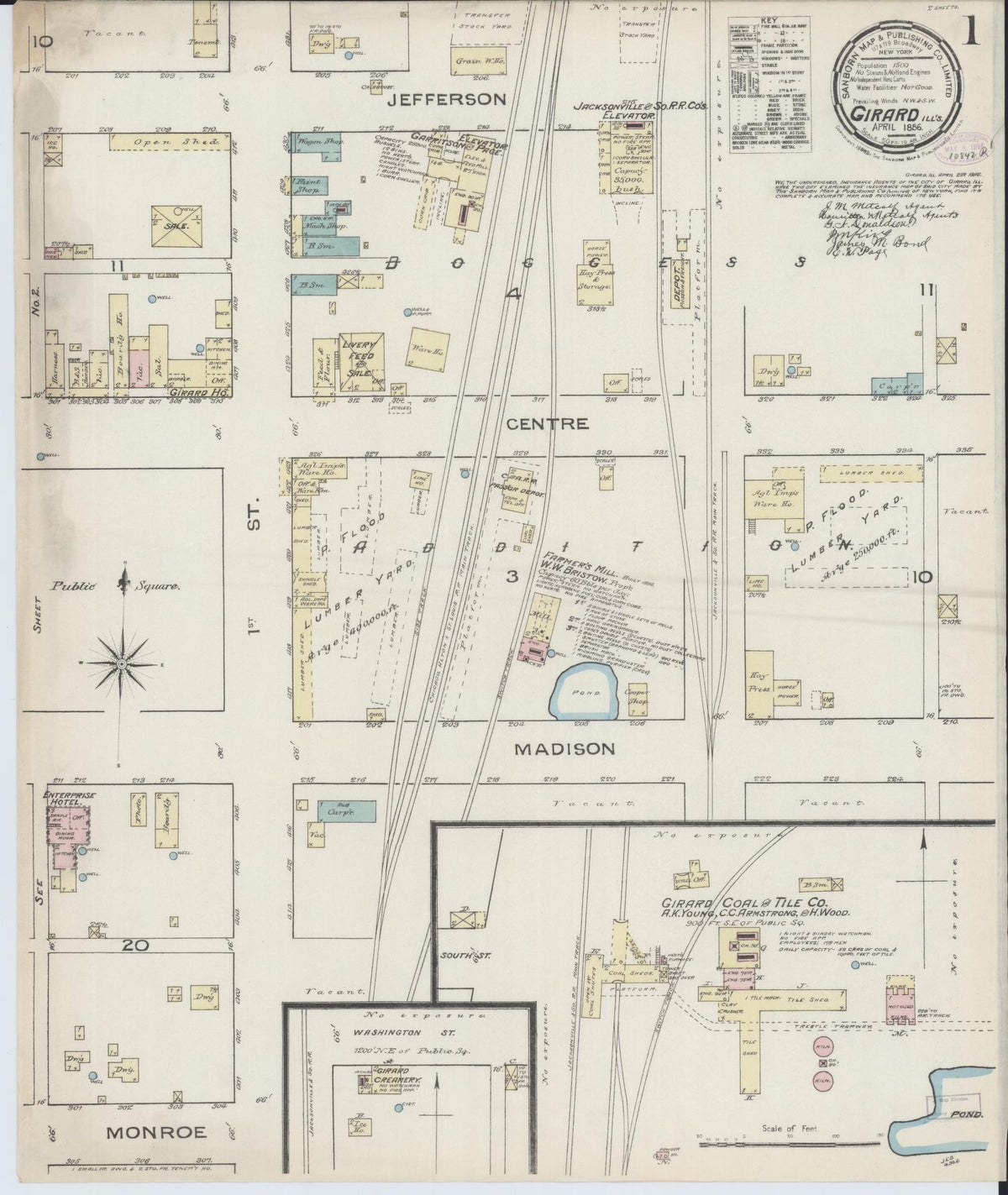 Sanborn Fire Insurance Map from Girard, Macoupin County, Illinois (1886), Sheet #0001 - Historic Sanborn Fire Insurance Map Print, vintage old map wall art, antique decor, genealogy gift, Illinois Illinois map