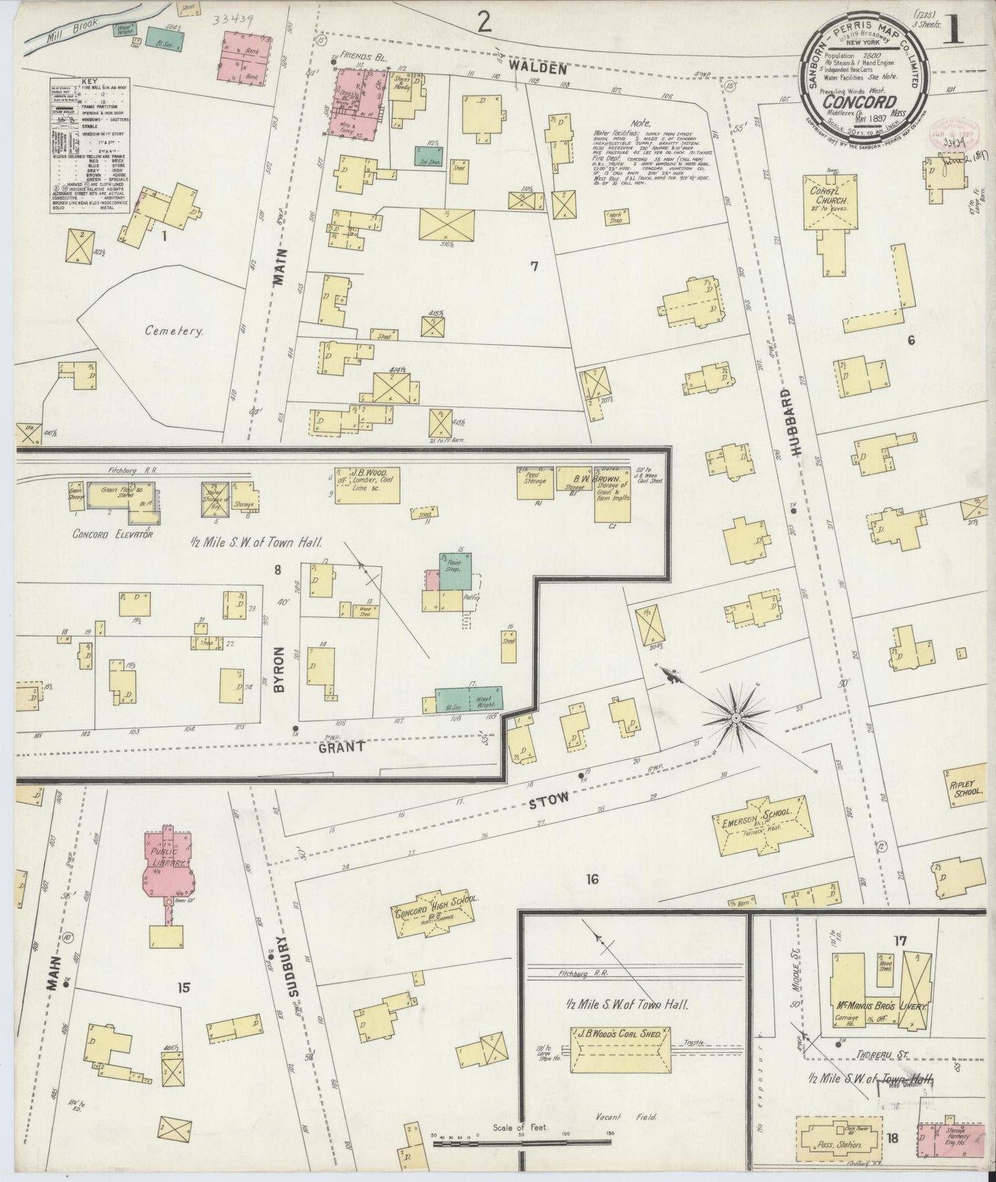 Sanborn Fire Insurance Map from Concord, Middlesex County, Massachusetts (1897), Sheet #0001 - Historic Sanborn Fire Insurance Map Print, vintage old map wall art, antique decor, genealogy gift, Massachusetts Massachusetts map