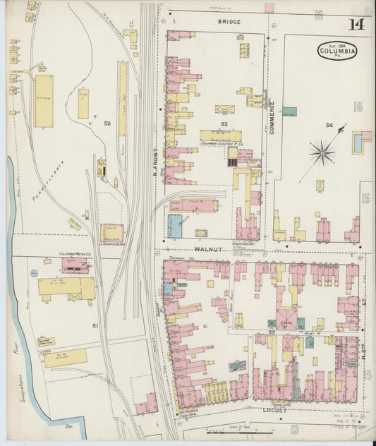 Sanborn Fire Insurance Map from Columbia, Lancaster County, Pennsylvania (1894), Sheet #0014 - Historic Sanborn Fire Insurance Map Print, vintage old map wall art, antique decor, genealogy gift, Pennsylvania Pennsylvania map