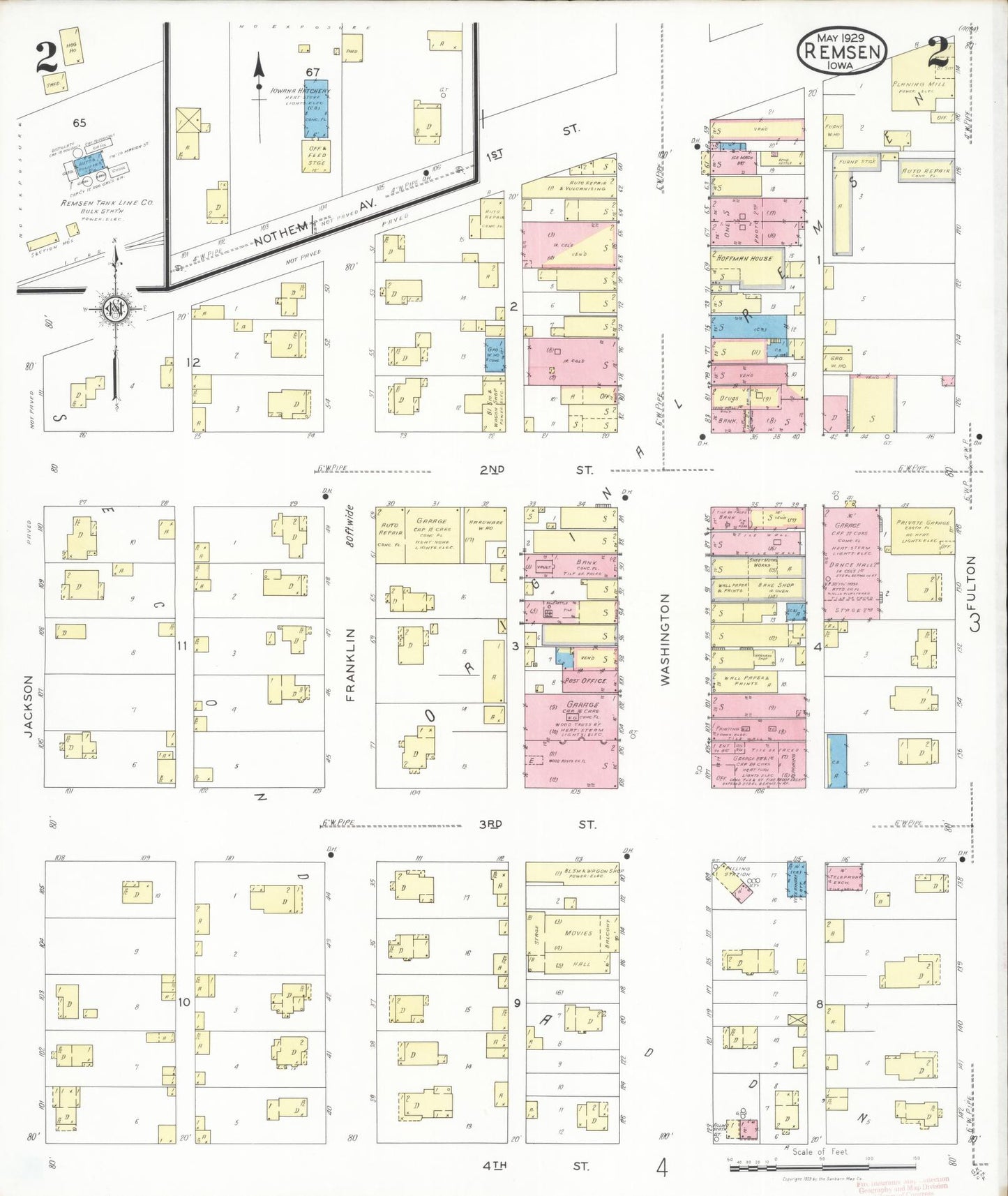 Sanborn Fire Insurance Map from Remsen, Plymouth County, Iowa (1929), Sheet #0002 - Historic Sanborn Fire Insurance Map Print, vintage old map wall art