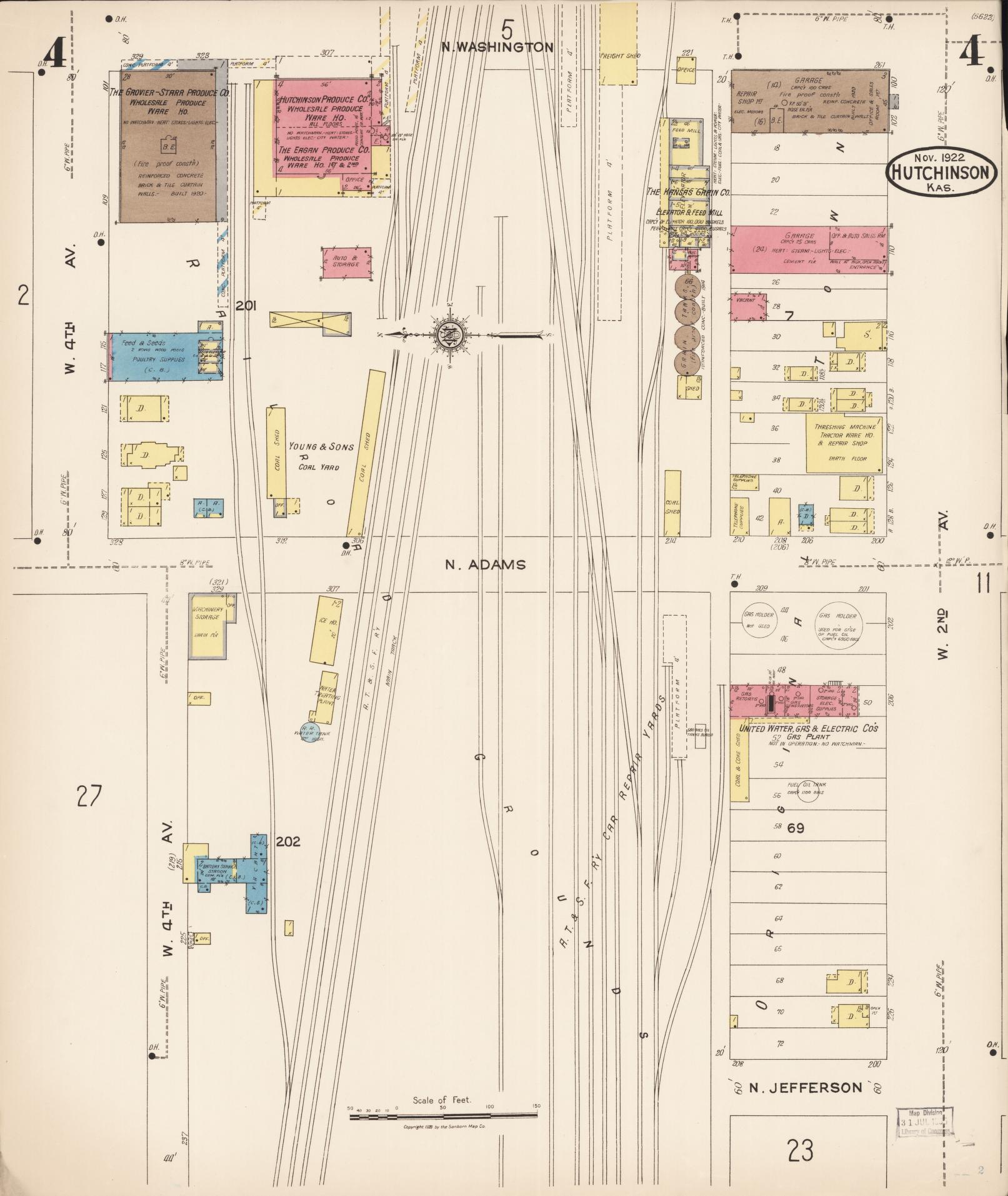 Sanborn Fire Insurance Map from Hutchinson, Reno County, Kansas (1922), Sheet #0005 - Complete Map Set gallery image, historic Sanborn map, vintage wall art, Kansas Kansas