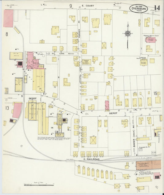 Sanborn Fire Insurance Map from Dyersburg, Dyer County, Tennessee (1909), Sheet #0014 - Historic Sanborn Fire Insurance Map Print, vintage old map wall art, antique decor, genealogy gift, Tennessee Tennessee map