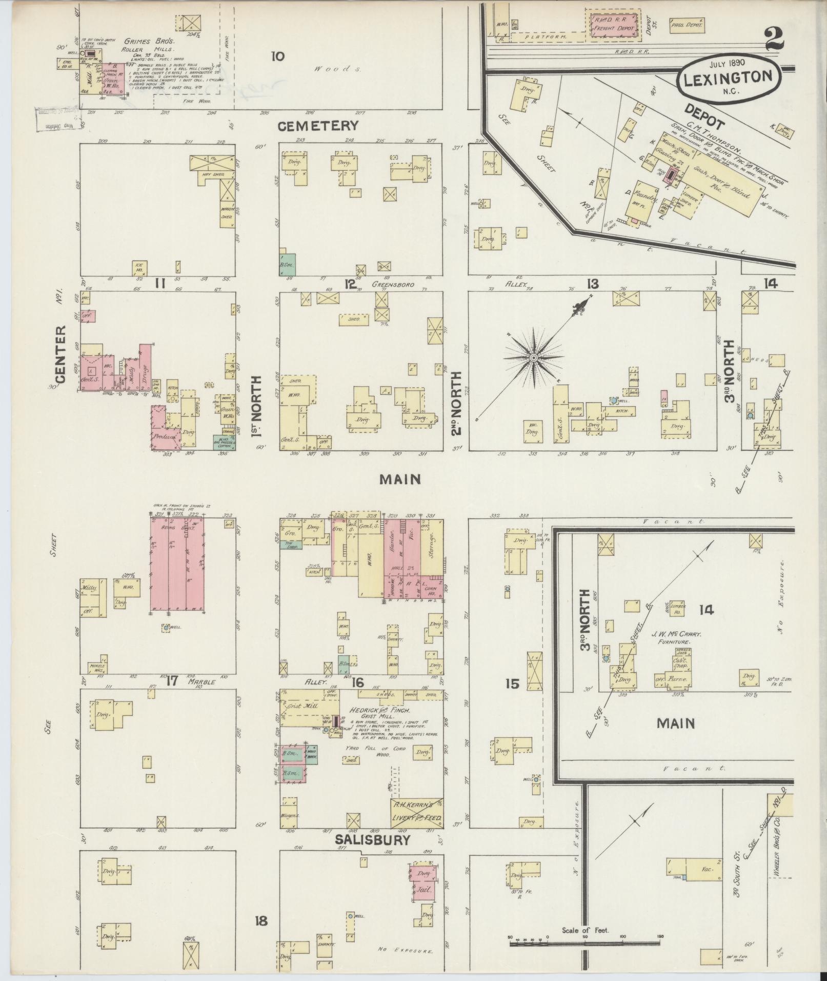 Sanborn Fire Insurance Map from Lexington, Davidson County, North Carolina (1890), Sheet #0002 - Complete Map Set gallery image, historic Sanborn map, vintage wall art, North Carolina North Carolina
