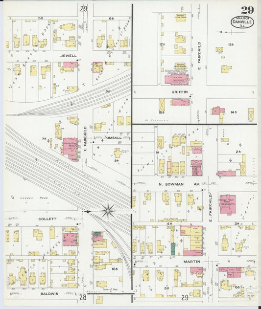 Sanborn Fire Insurance Map from Danville, Vermilion County, Illinois (1909), Sheet #0029 - Historic Sanborn Fire Insurance Map Print, vintage old map wall art, antique decor, genealogy gift, Illinois Illinois map