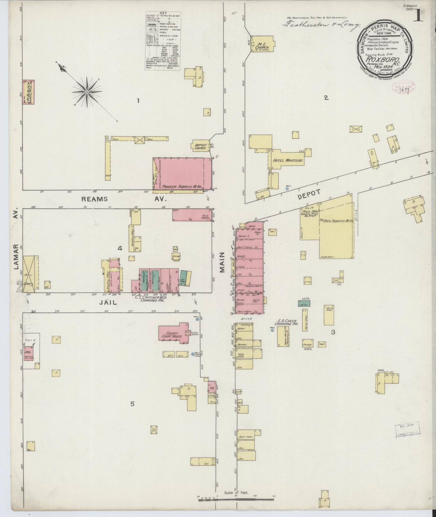Sanborn Fire Insurance Map from Roxboro, Person County, North Carolina (1894), Sheet #0001 - Complete Map Set gallery image, historic Sanborn map, vintage wall art, North Carolina North Carolina