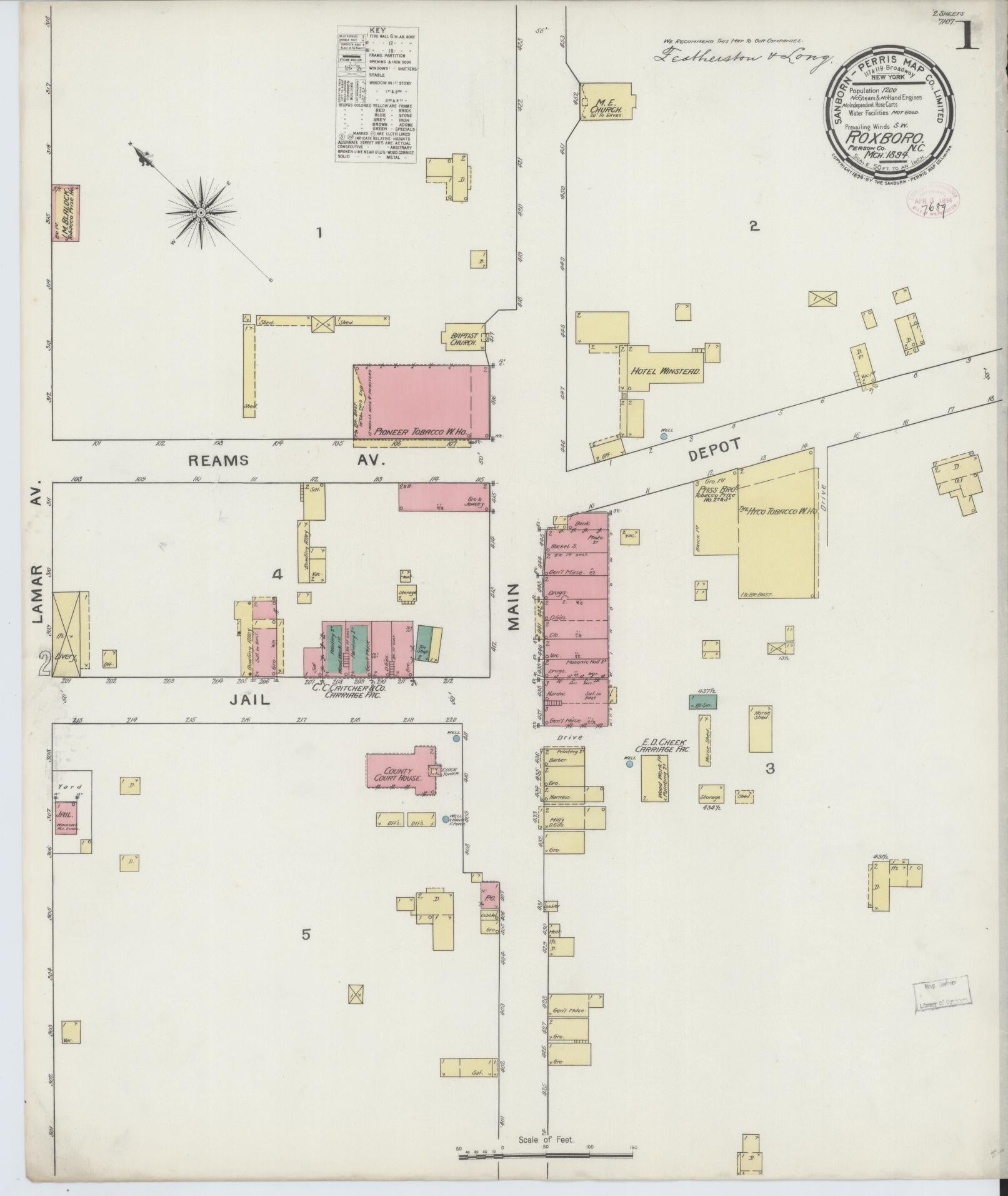 Sanborn Fire Insurance Map from Roxboro, Person County, North Carolina (1894), Sheet #0001 - Complete Map Set gallery image, historic Sanborn map, vintage wall art, North Carolina North Carolina