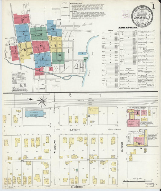 Sanborn Fire Insurance Map from Kendallville, Noble County, Indiana (1908), Sheet #0001 - Historic Sanborn Fire Insurance Map Print, vintage old map wall art, antique decor, genealogy gift, Indiana Indiana map