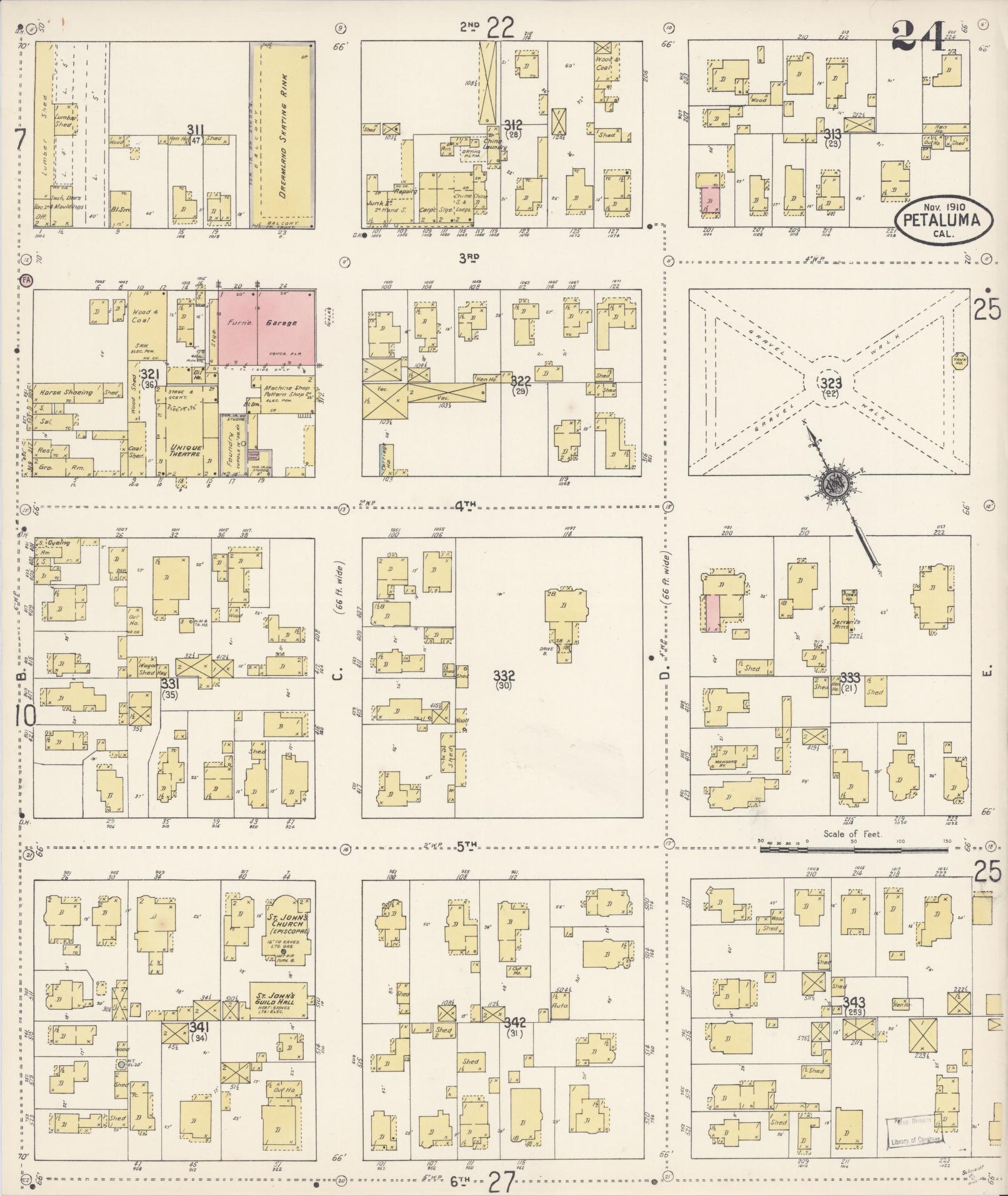 Sanborn Fire Insurance Map from Petaluma, Sonoma County, California (1910), Sheet #0024 - Complete Map Set gallery image, historic Sanborn map, vintage wall art, California California