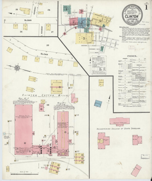 Sanborn Fire Insurance Map from Clinton, Laurens County, South Carolina (1912), Sheet #0001 - Historic Sanborn Fire Insurance Map Print, vintage old map wall art, antique decor, genealogy gift, South Carolina South Carolina map