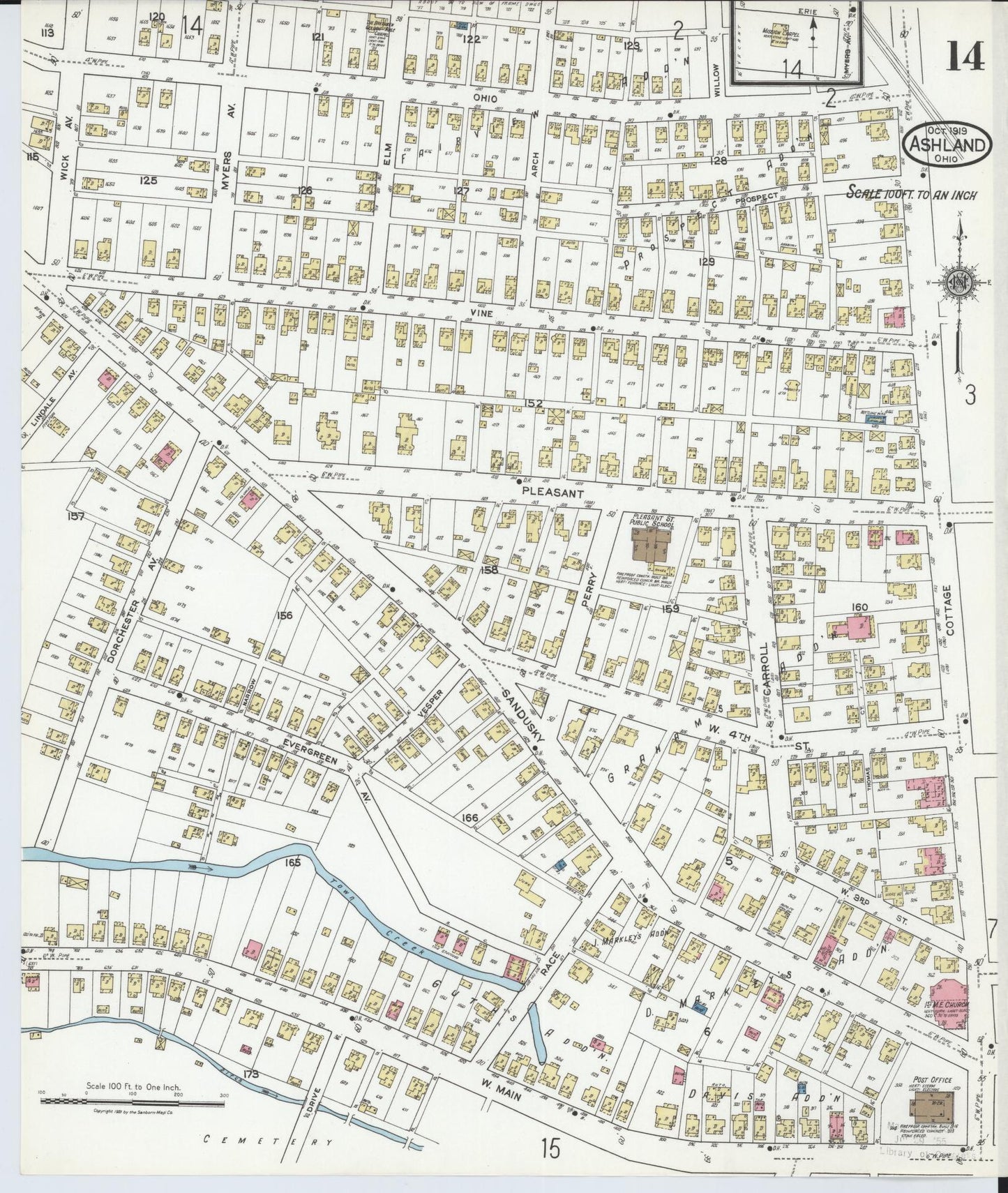 Sanborn Fire Insurance Map from Ashland, Ashland County, Ohio (1919), Sheet #0014 - Historic Sanborn Fire Insurance Map Print, vintage old map wall art, antique decor, genealogy gift, Ohio Ohio map