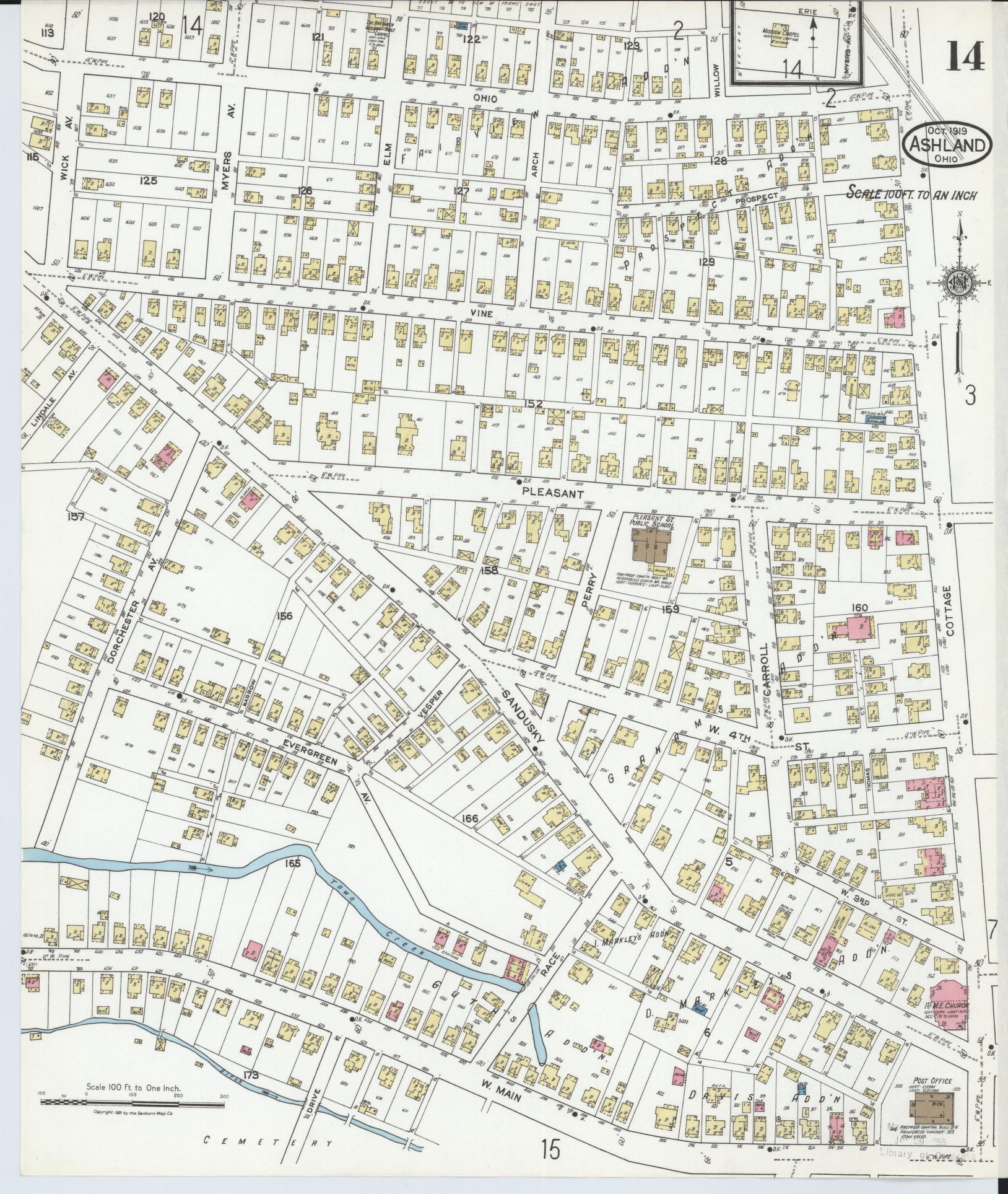 Sanborn Fire Insurance Map from Ashland, Ashland County, Ohio (1919), Sheet #0014 - Historic Sanborn Fire Insurance Map Print, vintage old map wall art, antique decor, genealogy gift, Ohio Ohio map