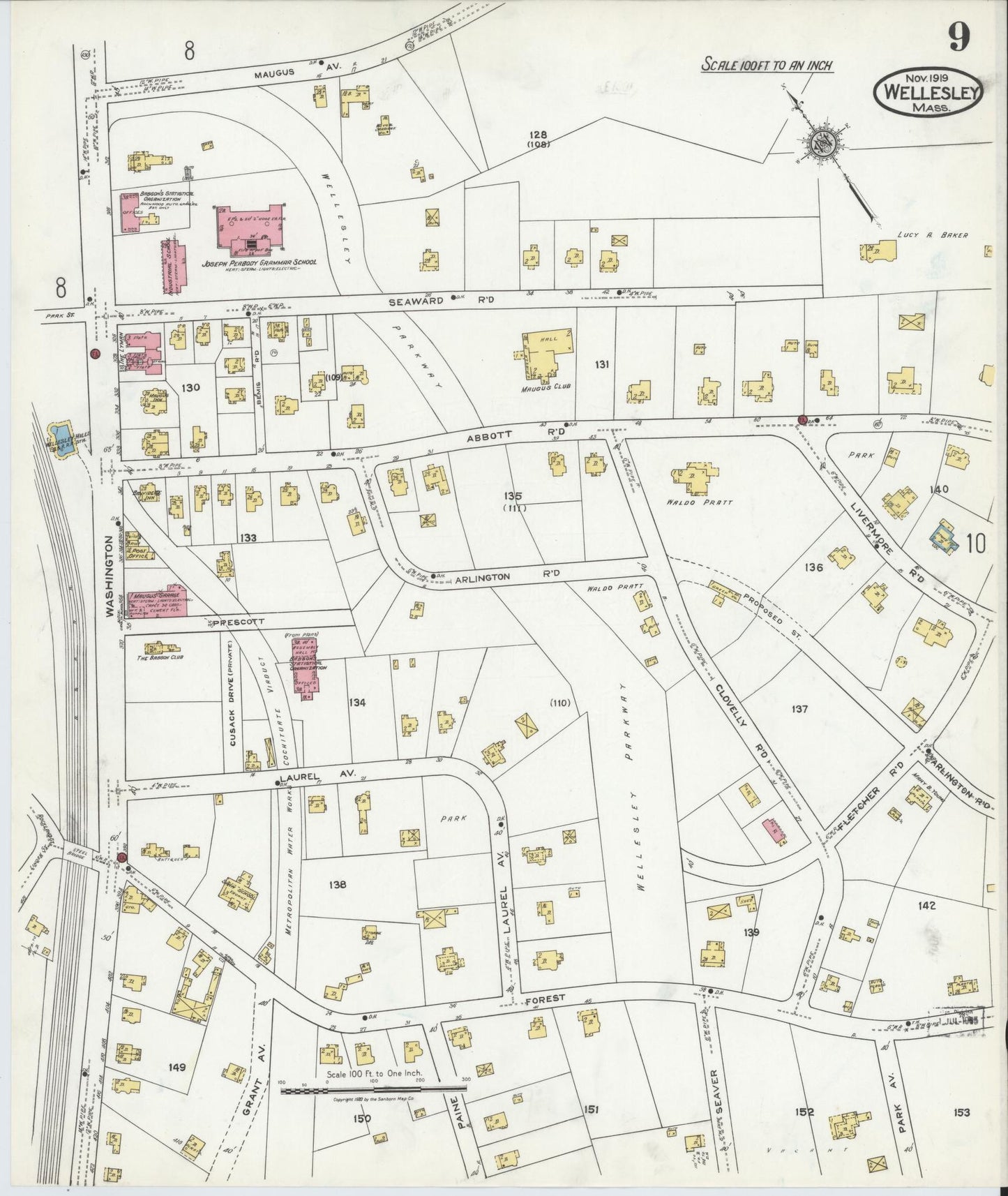 Sanborn Fire Insurance Map from Wellesley, Norfolk County, Massachusetts (1919), Sheet #0009 - Complete Map Set gallery image, historic Sanborn map, vintage wall art, Massachusetts Massachusetts