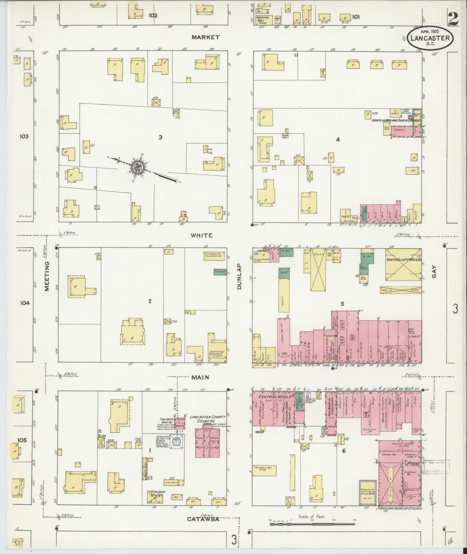 Sanborn Fire Insurance Map from Lancaster, Lancaster County, South Carolina (1910), Sheet #0002 - Historic Sanborn Fire Insurance Map Print, vintage old map wall art, antique decor, genealogy gift, South Carolina South Carolina map