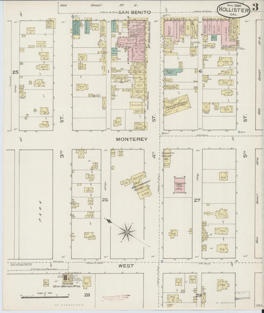 Sanborn Fire Insurance Map from Hollister, San Benito County, California (1886), Sheet #0003 - Historic Sanborn Fire Insurance Map Print, vintage old map wall art, antique decor, genealogy gift, California California map