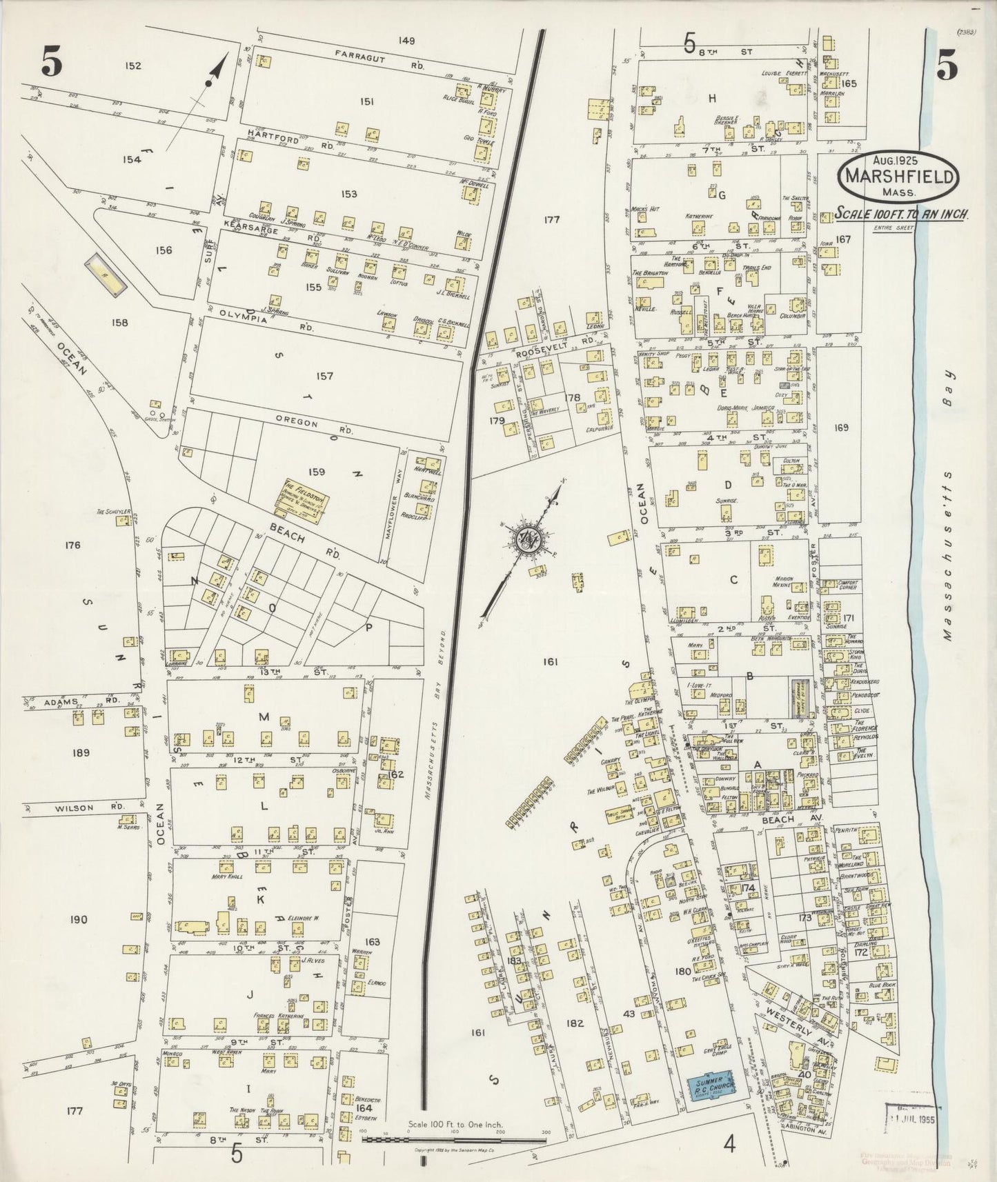 Sanborn Fire Insurance Map from Marshfield, Plymouth County, Massachusetts (1925), Sheet #0005 - Historic Sanborn Fire Insurance Map Print, vintage old map wall art, antique decor, genealogy gift, Massachusetts Massachusetts map