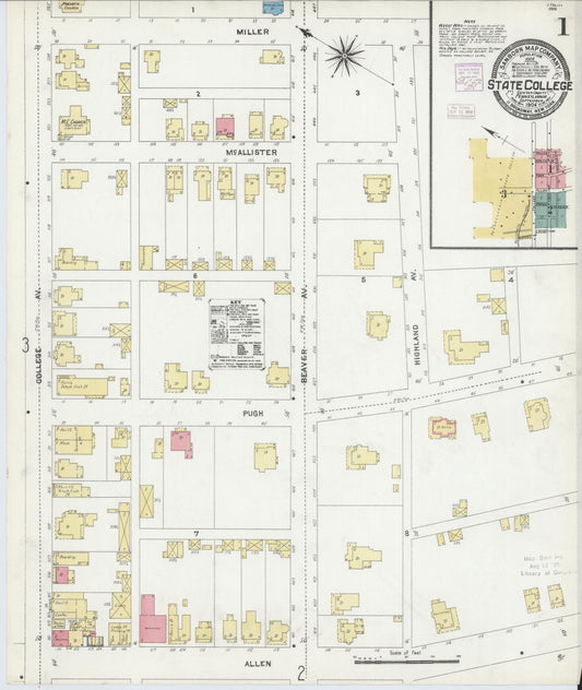 Sanborn Fire Insurance Map from State College, Centre County, Pennsylvania (1906), Sheet #0001 - Historic Sanborn Fire Insurance Map Print, vintage old map wall art, antique decor, genealogy gift, Pennsylvania Pennsylvania map