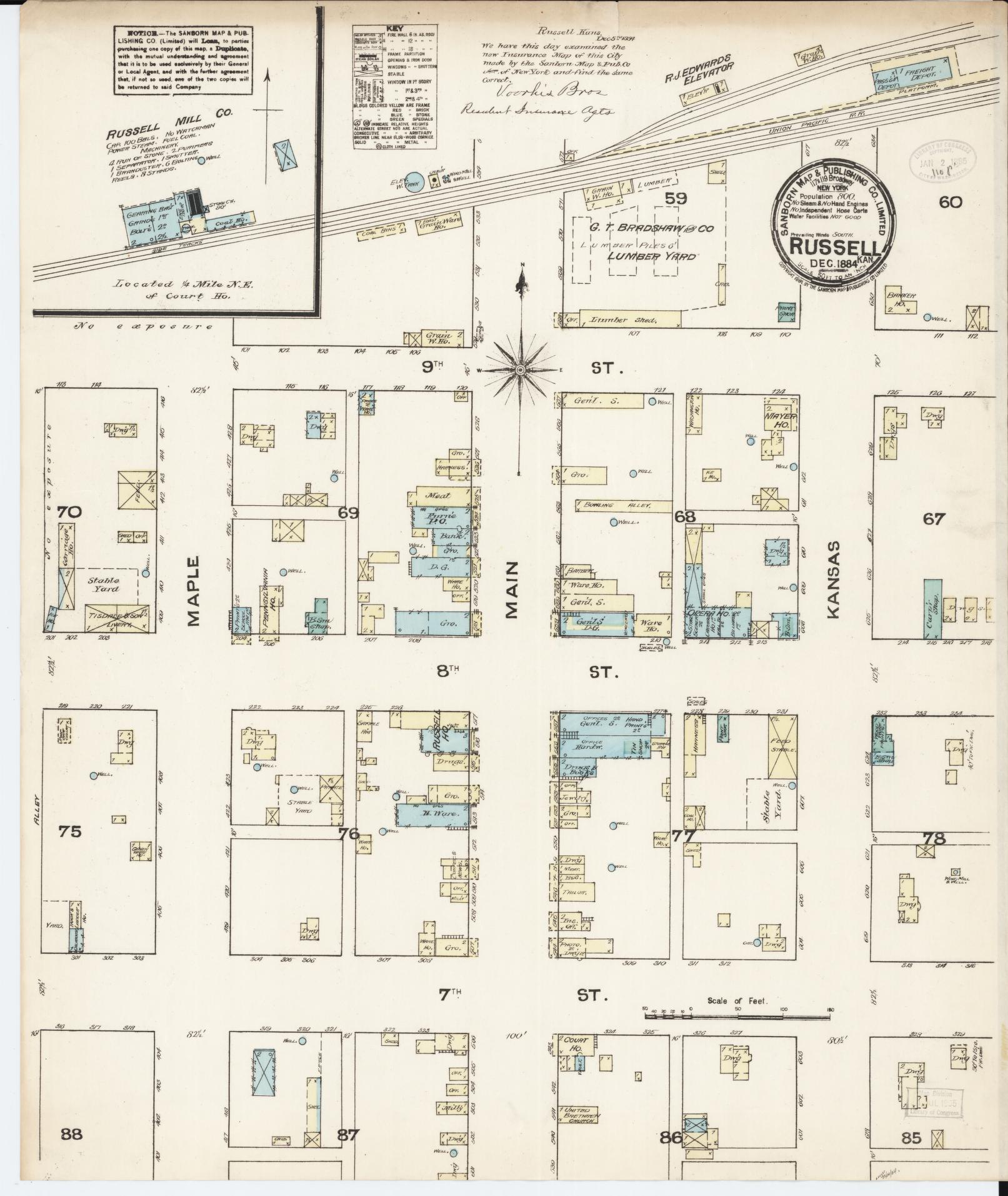 Sanborn Fire Insurance Map from Russell, Russell County, Kansas (1884), Sheet #0001 - Historic Sanborn Fire Insurance Map Print, vintage old map wall art, antique decor, genealogy gift, Kansas Kansas map