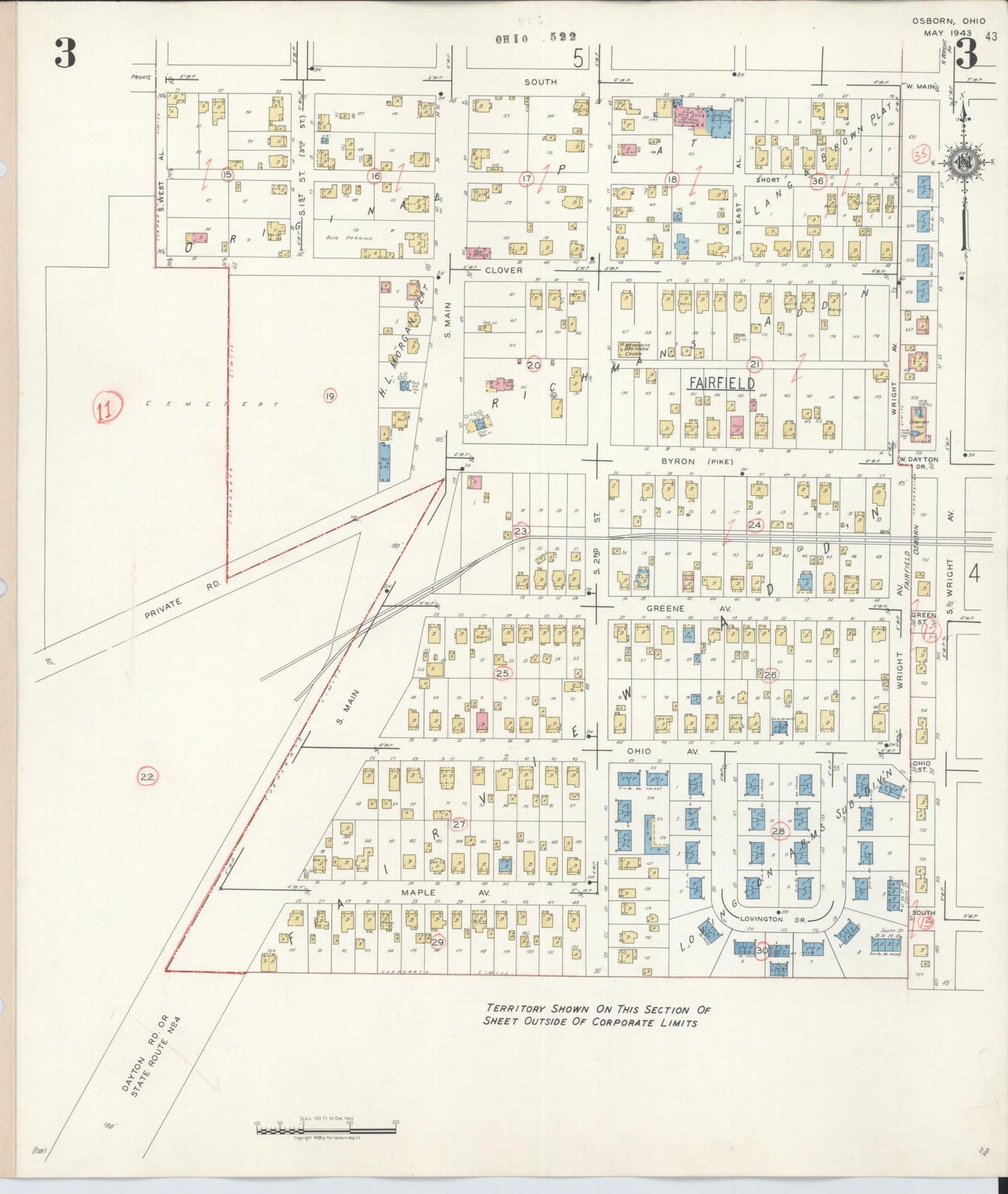 Sanborn Fire Insurance Map from Osborn, Greene County, Ohio (1943), Sheet #0003 - Historic Sanborn Fire Insurance Map Print, vintage old map wall art, antique decor, genealogy gift, Ohio Ohio map