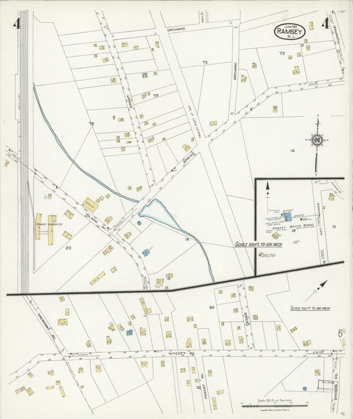 Sanborn Fire Insurance Map from Ramsey, Bergen County, New Jersey (1924), Sheet #0004 - Complete Map Set gallery image, historic Sanborn map, vintage wall art, New Jersey New Jersey