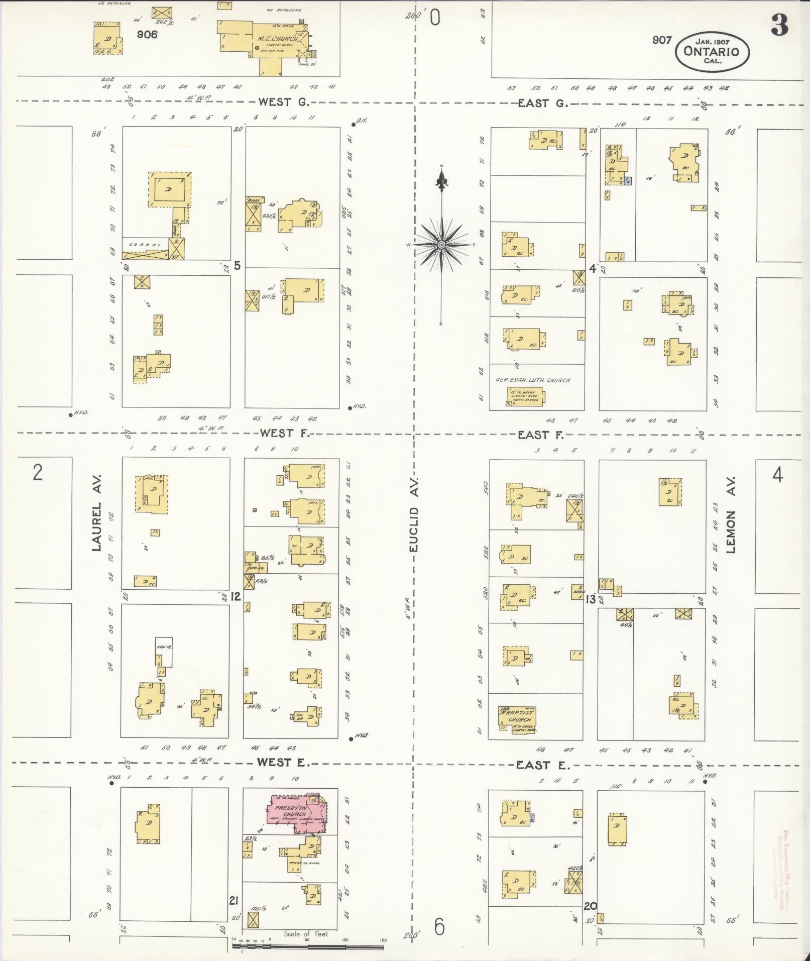 Sanborn Fire Insurance Map from Ontario, San Bernardino County, California (1907), Sheet #0003 - Complete Map Set gallery image, historic Sanborn map, vintage wall art, California California