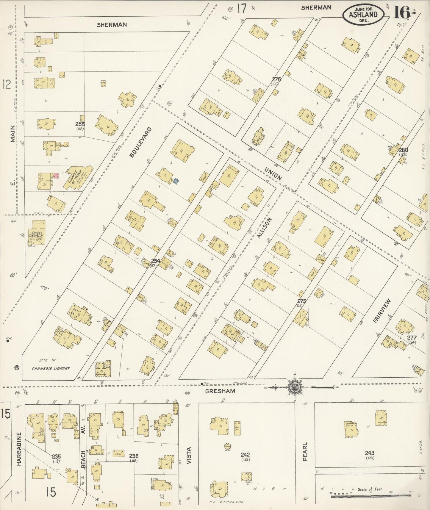Sanborn Fire Insurance Map from Ashland, Jackson County, Oregon (1911), Sheet #0016 - Historic Sanborn Fire Insurance Map Print, vintage old map wall art, antique decor, genealogy gift, Oregon Oregon map