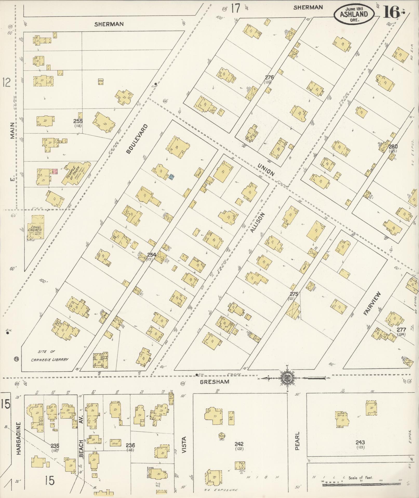 Sanborn Fire Insurance Map from Ashland, Jackson County, Oregon (1911), Sheet #0016 - Historic Sanborn Fire Insurance Map Print, vintage old map wall art, antique decor, genealogy gift, Oregon Oregon map