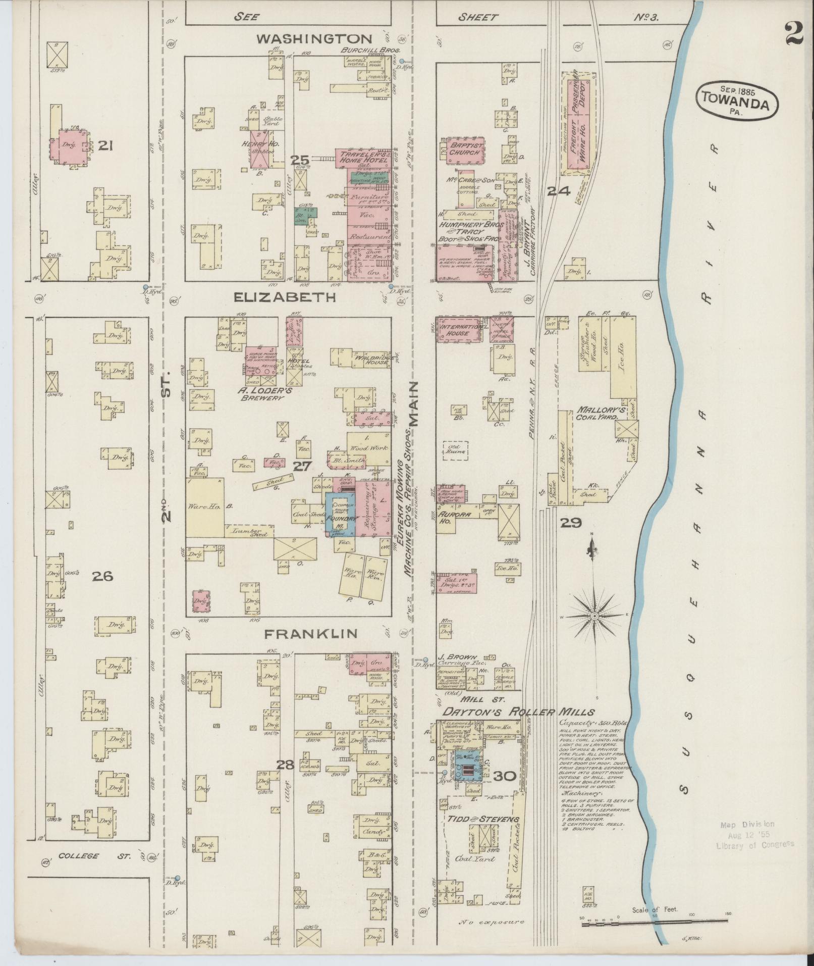 Sanborn Fire Insurance Map from Towanda, Bradford County, Pennsylvania (1885), Sheet #0002 - Complete Map Set gallery image, historic Sanborn map, vintage wall art, Pennsylvania Pennsylvania