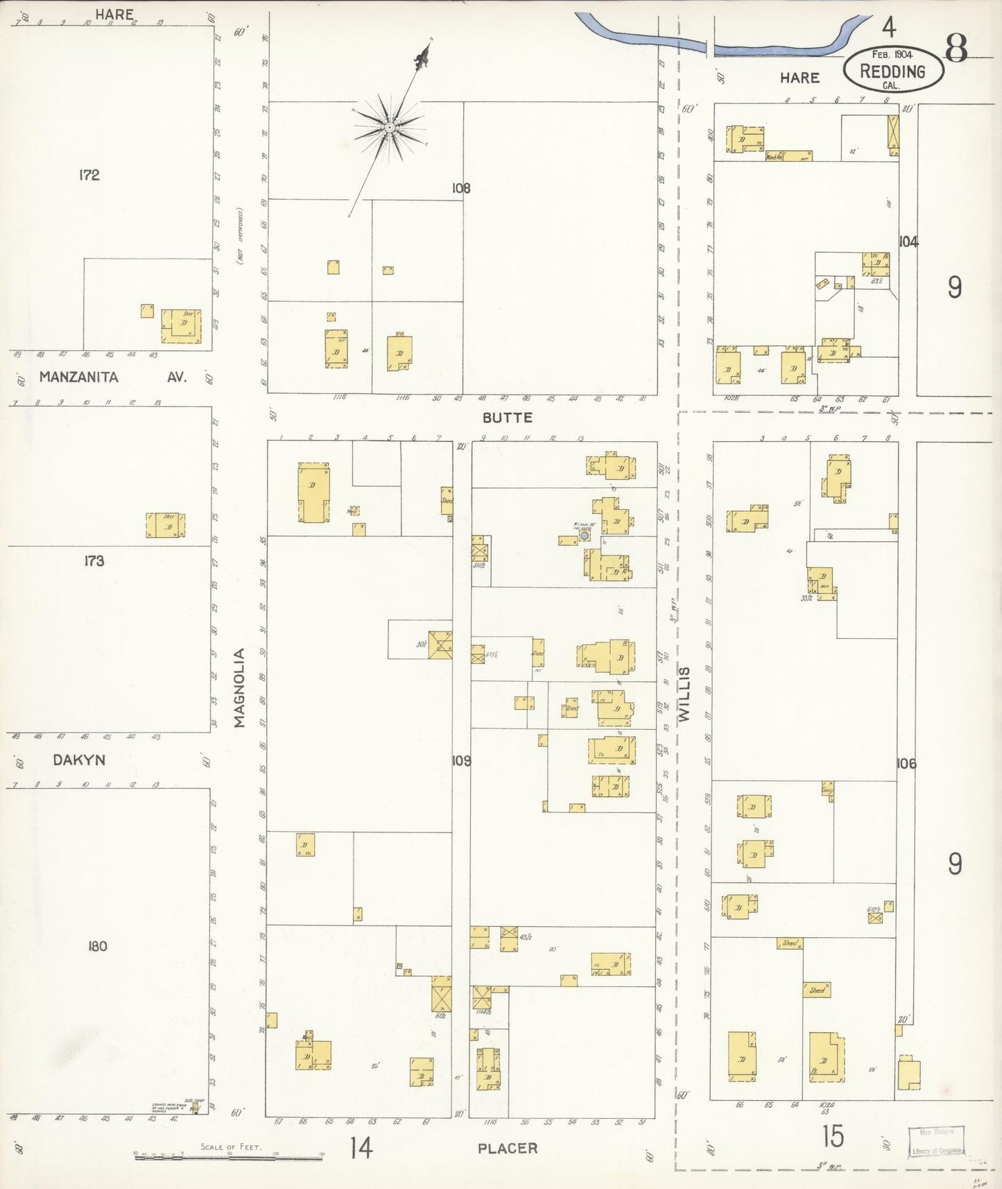 Sanborn Fire Insurance Map from Redding, Shasta County, California (1904), Sheet #0008 - Complete Map Set gallery image, historic Sanborn map, vintage wall art, California California