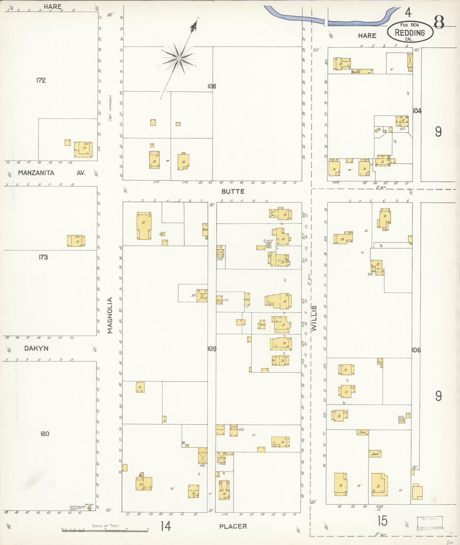 Sanborn Fire Insurance Map from Redding, Shasta County, California (1904), Sheet #0008 - Complete Map Set gallery image, historic Sanborn map, vintage wall art, California California