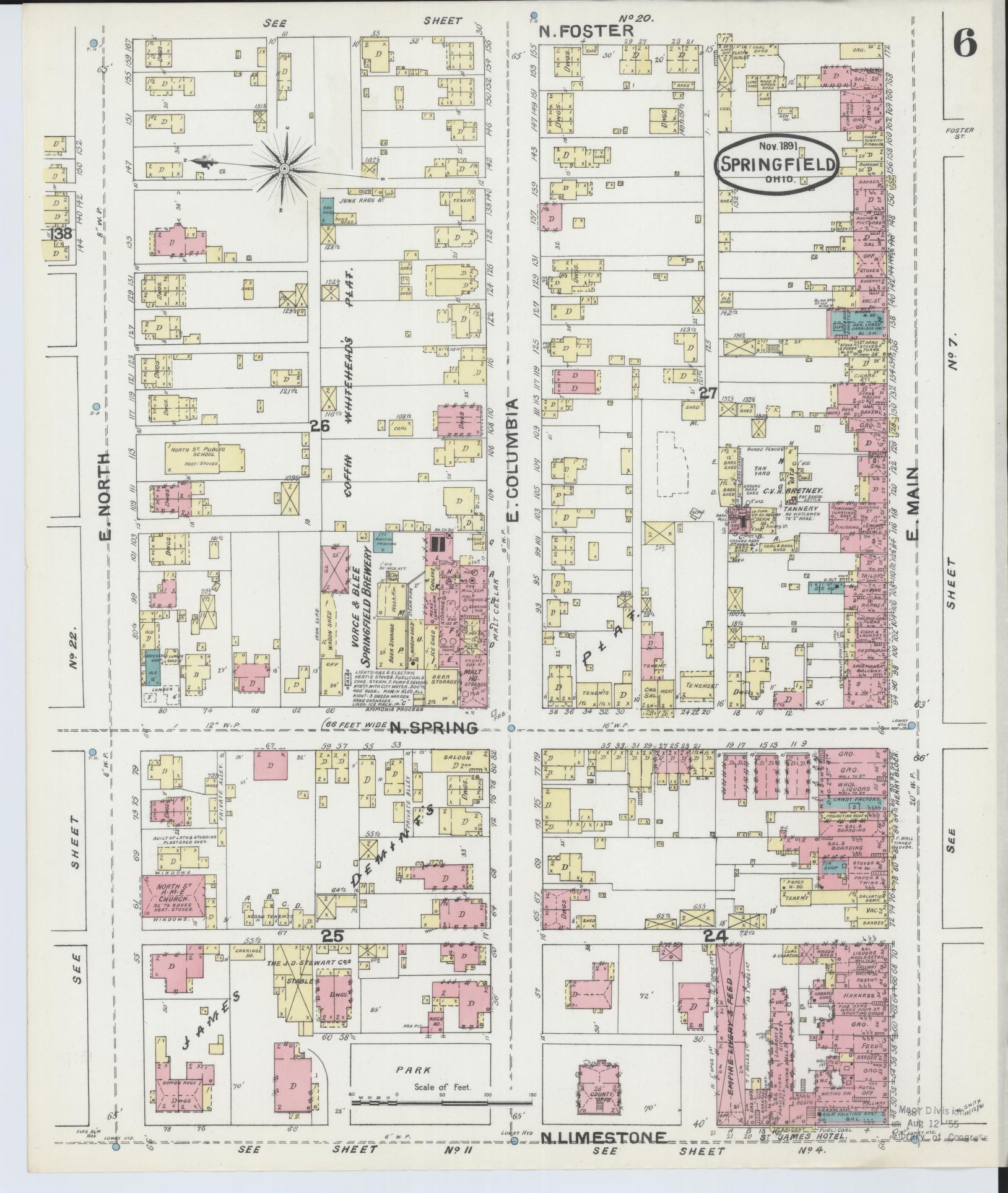 Sanborn Fire Insurance Map from Springfield, Clark County, Ohio (1891), Sheet #0006 - Complete Map Set gallery image, historic Sanborn map, vintage wall art, Ohio Ohio