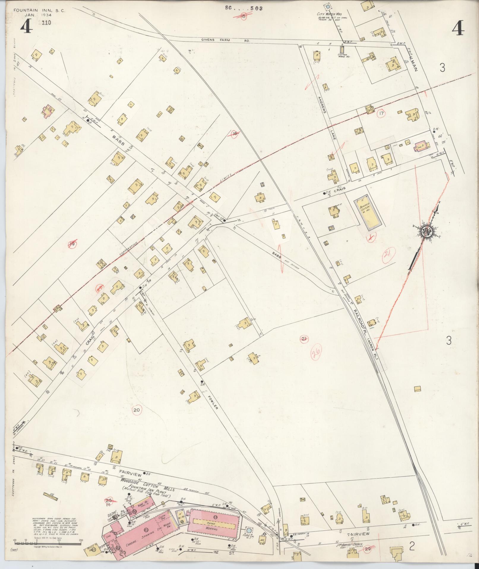 Sanborn Fire Insurance Map from Fountain Inn, Greenville And Laurens County, South Carolina (1947), Sheet #0004 - Complete Map Set gallery image, historic Sanborn map, vintage wall art, South Carolina South Carolina