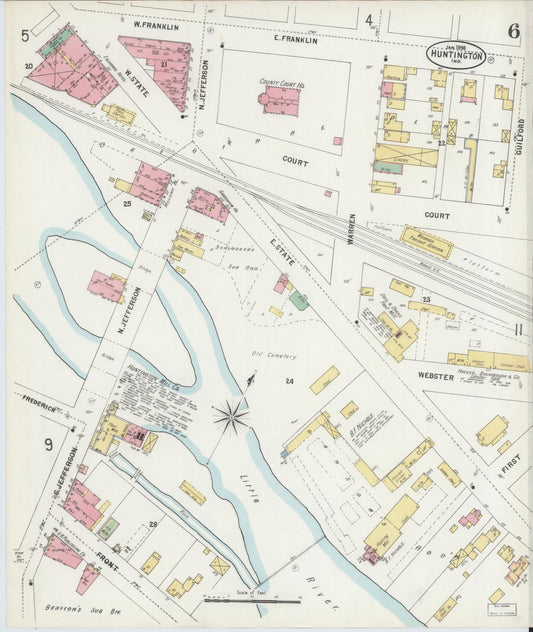 Sanborn Fire Insurance Map from Huntington, Huntington County, Indiana (1898), Sheet #0006 - Historic Sanborn Fire Insurance Map Print, vintage old map wall art, antique decor, genealogy gift, Indiana Indiana map