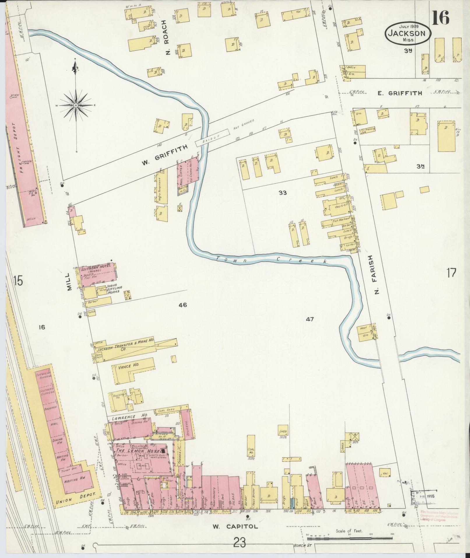 Sanborn Fire Insurance Map from Jackson, Hinds County, Mississippi (1909), Sheet #0016 - Complete Map Set gallery image, historic Sanborn map, vintage wall art, Mississippi Mississippi