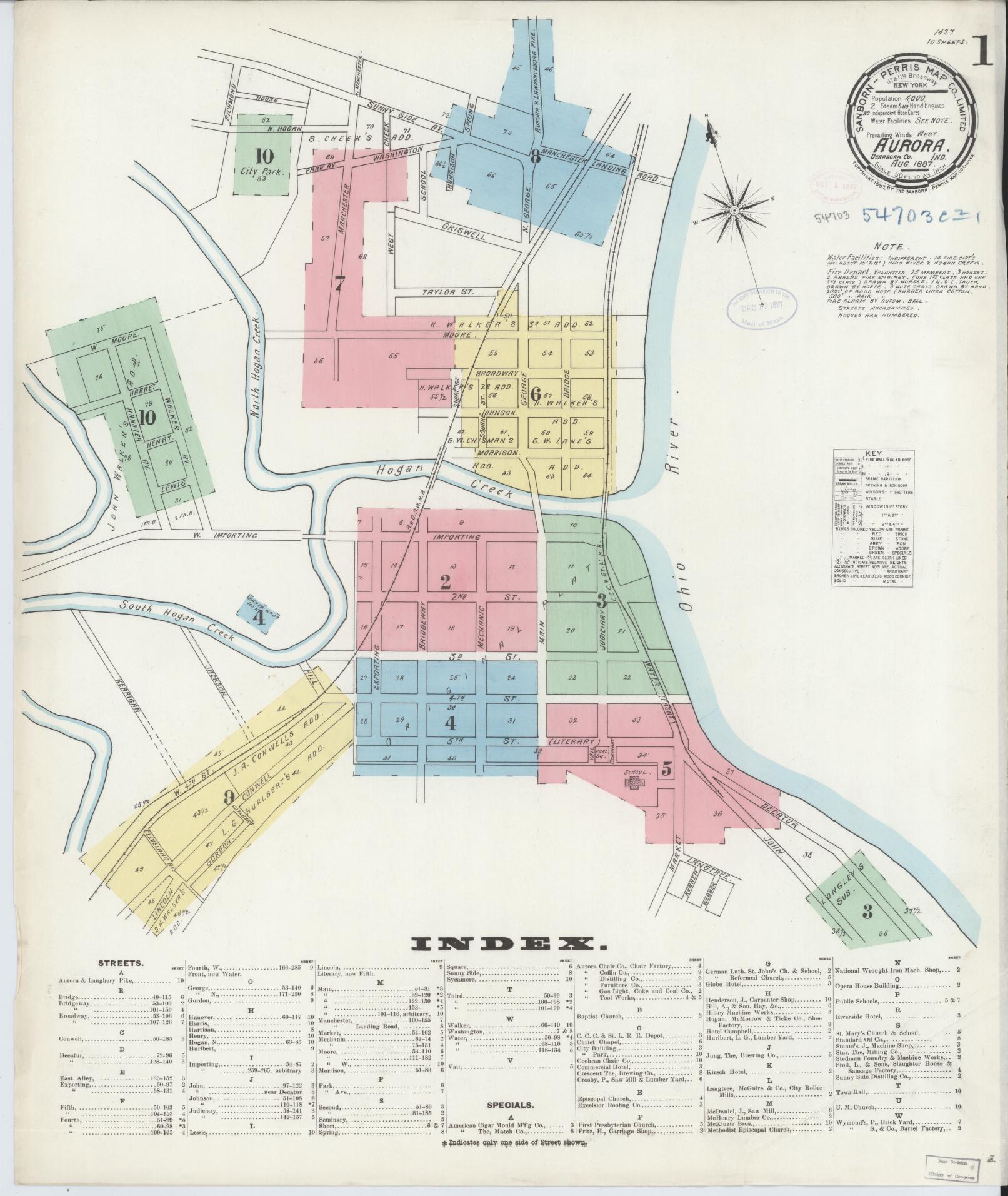 Sanborn Fire Insurance Map from Aurora, Dearborn County, Indiana (1897), Sheet #0001 - Complete Map Set gallery image, historic Sanborn map, vintage wall art, Indiana Indiana