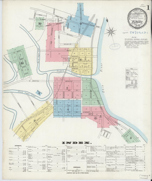 Sanborn Fire Insurance Map from Aurora, Dearborn County, Indiana (1897), Sheet #0001 - Complete Map Set gallery image, historic Sanborn map, vintage wall art, Indiana Indiana