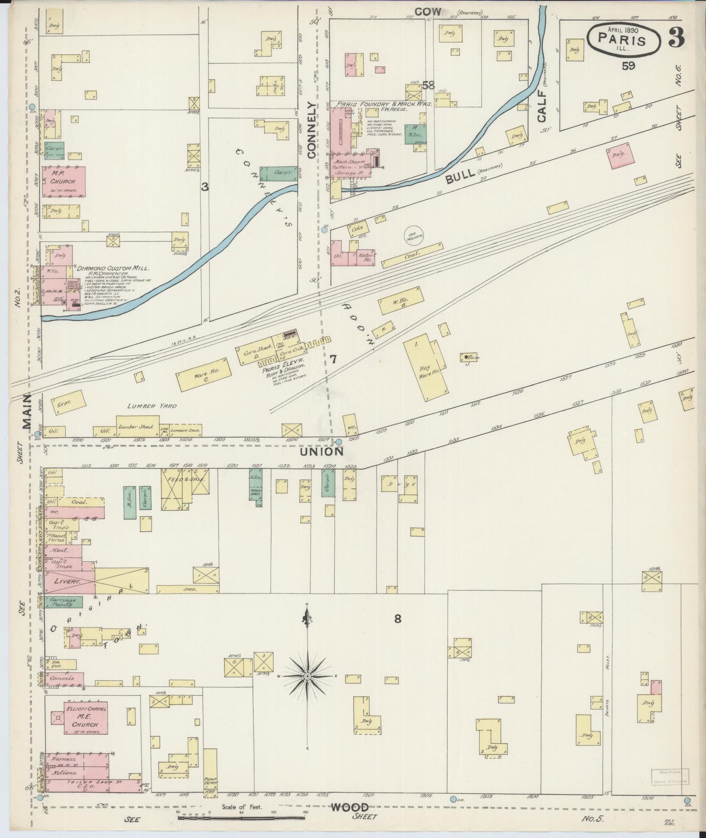 Sanborn Fire Insurance Map from Paris, Edgar County, Illinois (1890), Sheet #0003 - Complete Map Set gallery image, historic Sanborn map, vintage wall art, Illinois Illinois