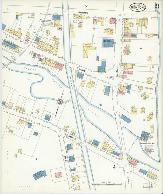 Sanborn Fire Insurance Map from New Hope, Bucks County, Pennsylvania (1909), Sheet #0003 - Historic Sanborn Fire Insurance Map Print, vintage old map wall art, antique decor, genealogy gift, Pennsylvania Pennsylvania map