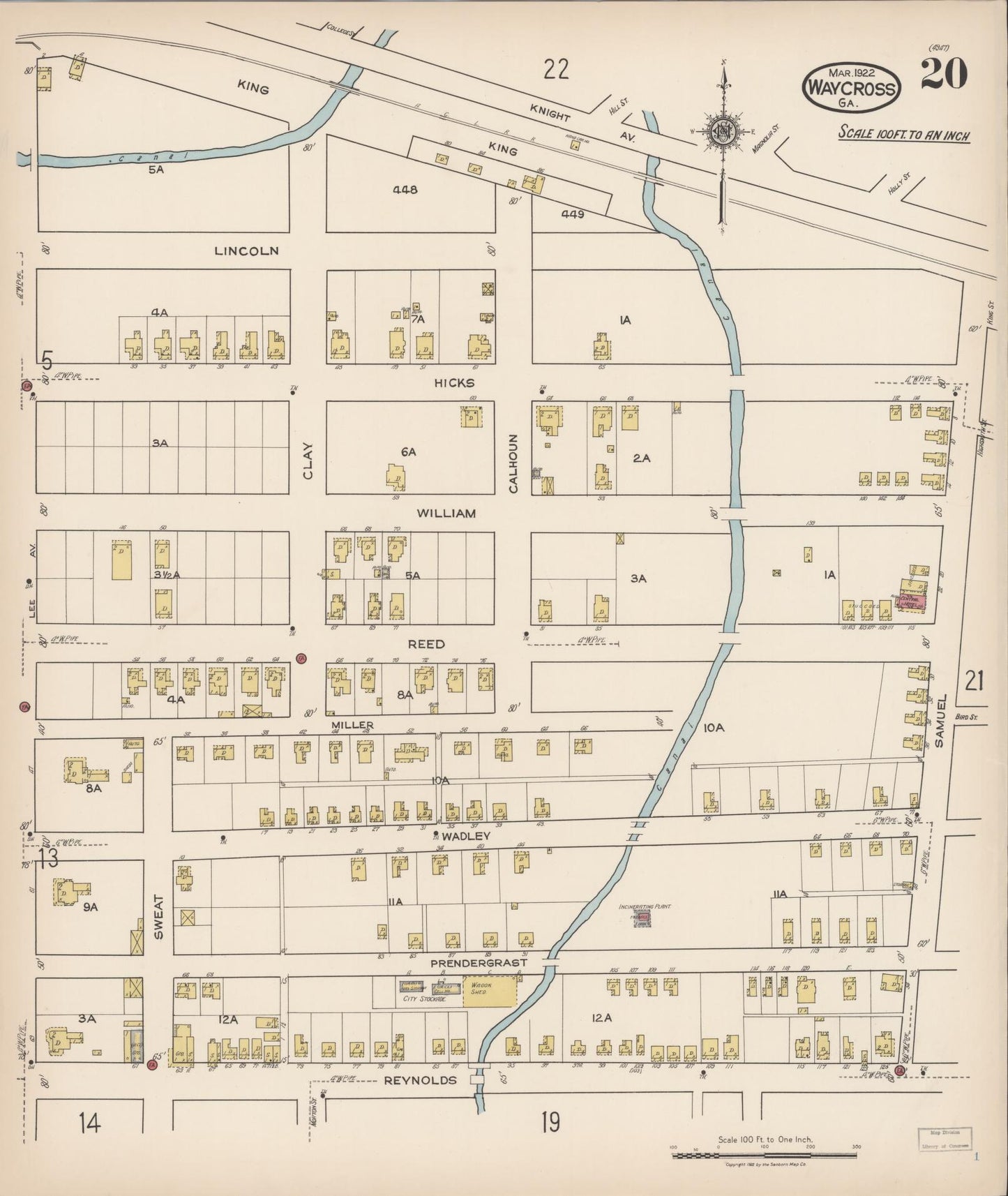Sanborn Fire Insurance Map from Waycross, Ware County, Georgia (1922), Sheet #0020 - Complete Map Set gallery image, historic Sanborn map, vintage wall art, Georgia Georgia
