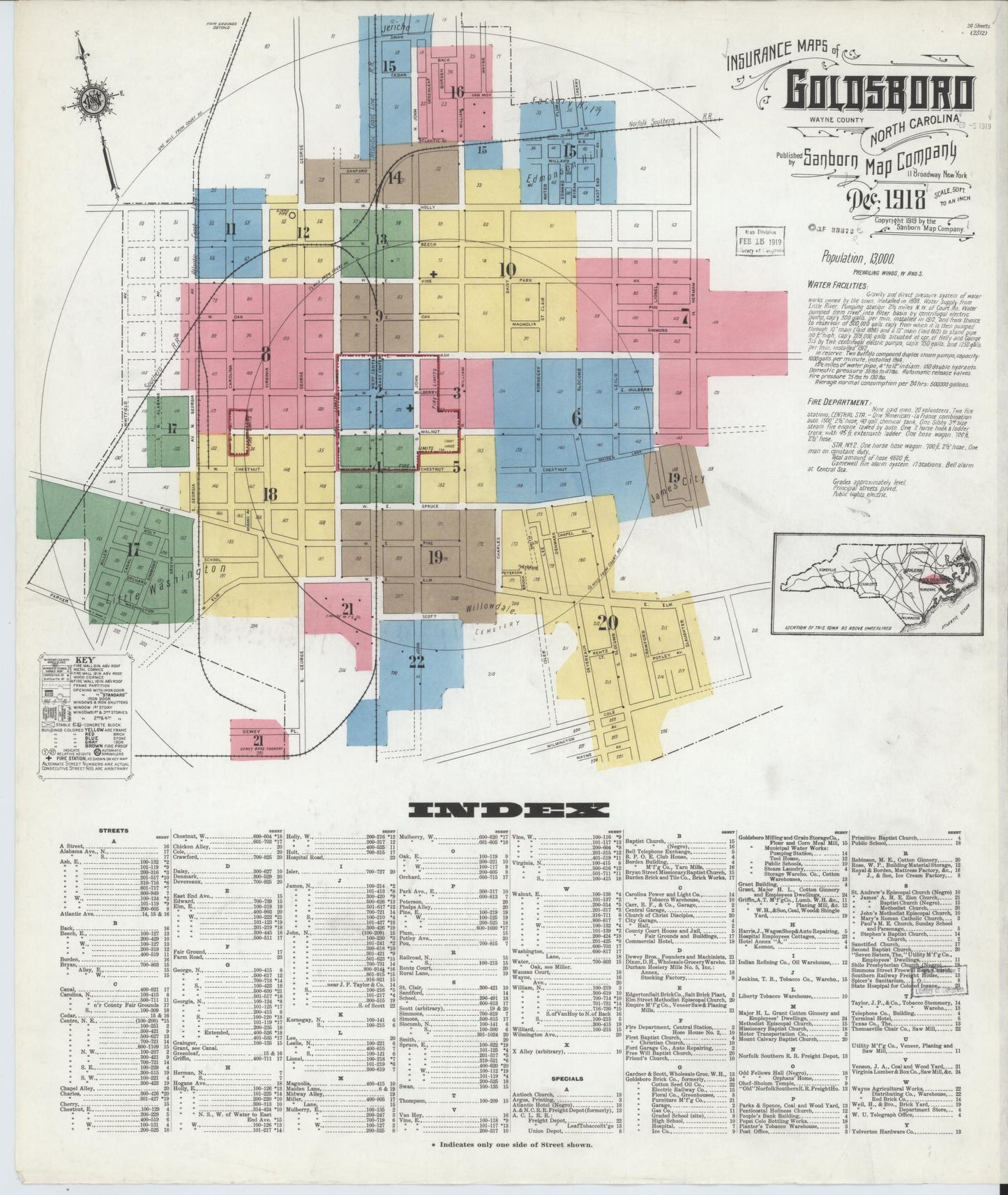 Sanborn Fire Insurance Map from Goldsboro, Wayne County, North Carolina (1918), Sheet #0001 - Historic Sanborn Fire Insurance Map Print, vintage old map wall art, antique decor, genealogy gift, North Carolina North Carolina map