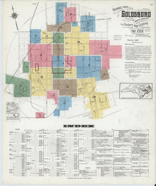 Sanborn Fire Insurance Map from Goldsboro, Wayne County, North Carolina (1918), Sheet #0001 - Historic Sanborn Fire Insurance Map Print, vintage old map wall art, antique decor, genealogy gift, North Carolina North Carolina map